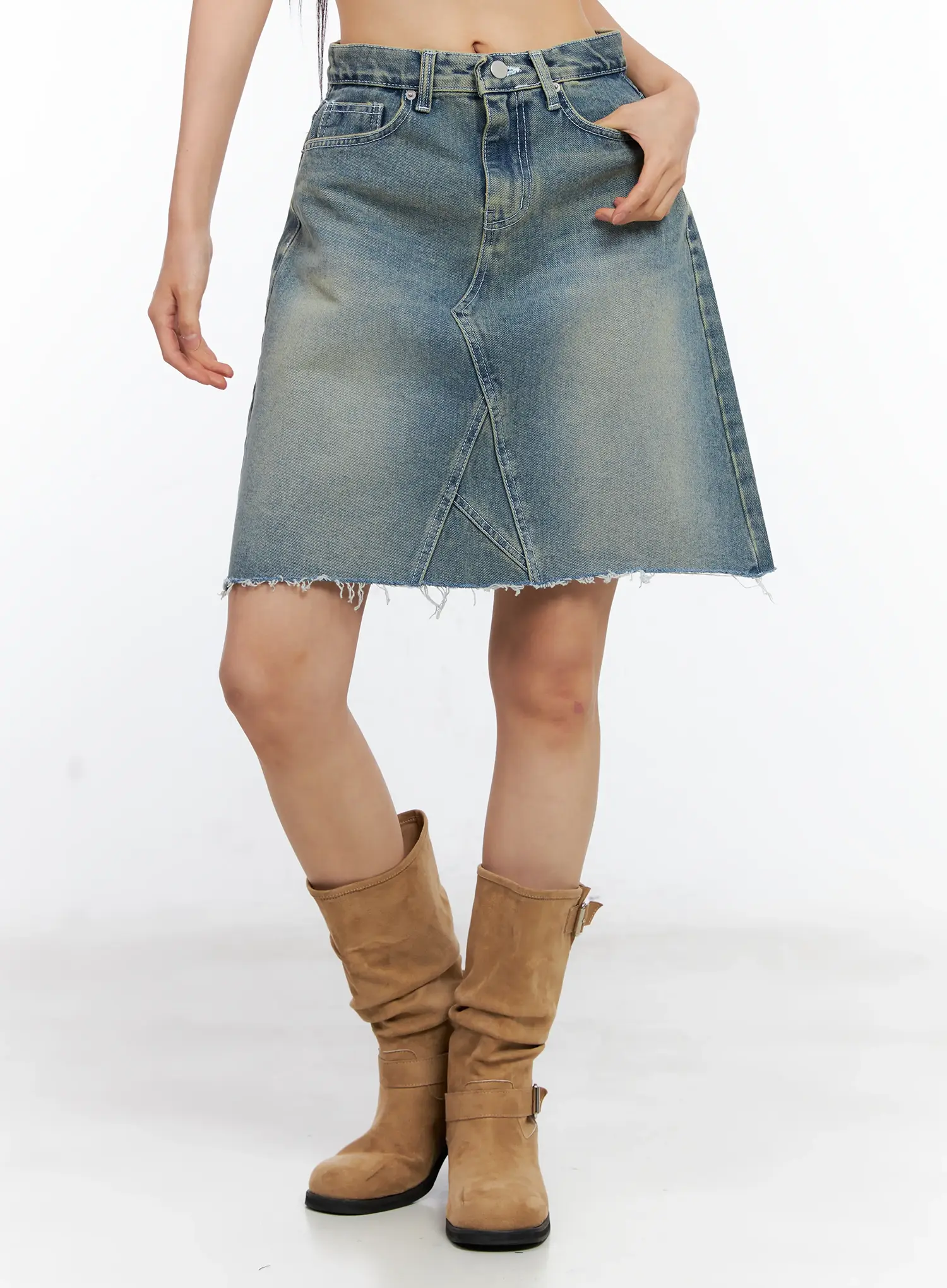 Frayed-Hem Denim Midi Skirt CL529 - Image 11