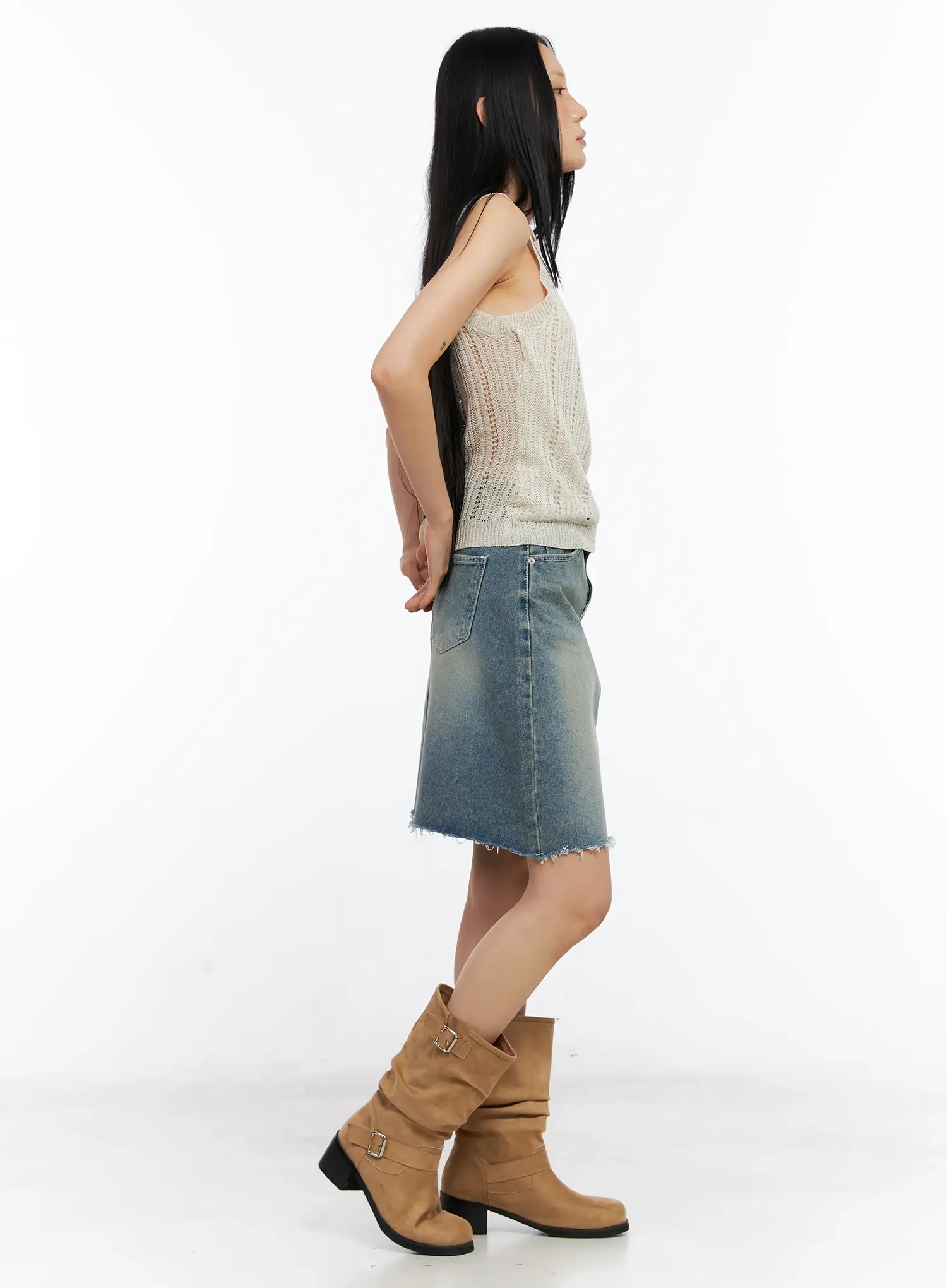 Frayed-Hem Denim Midi Skirt CL529 - Image 5