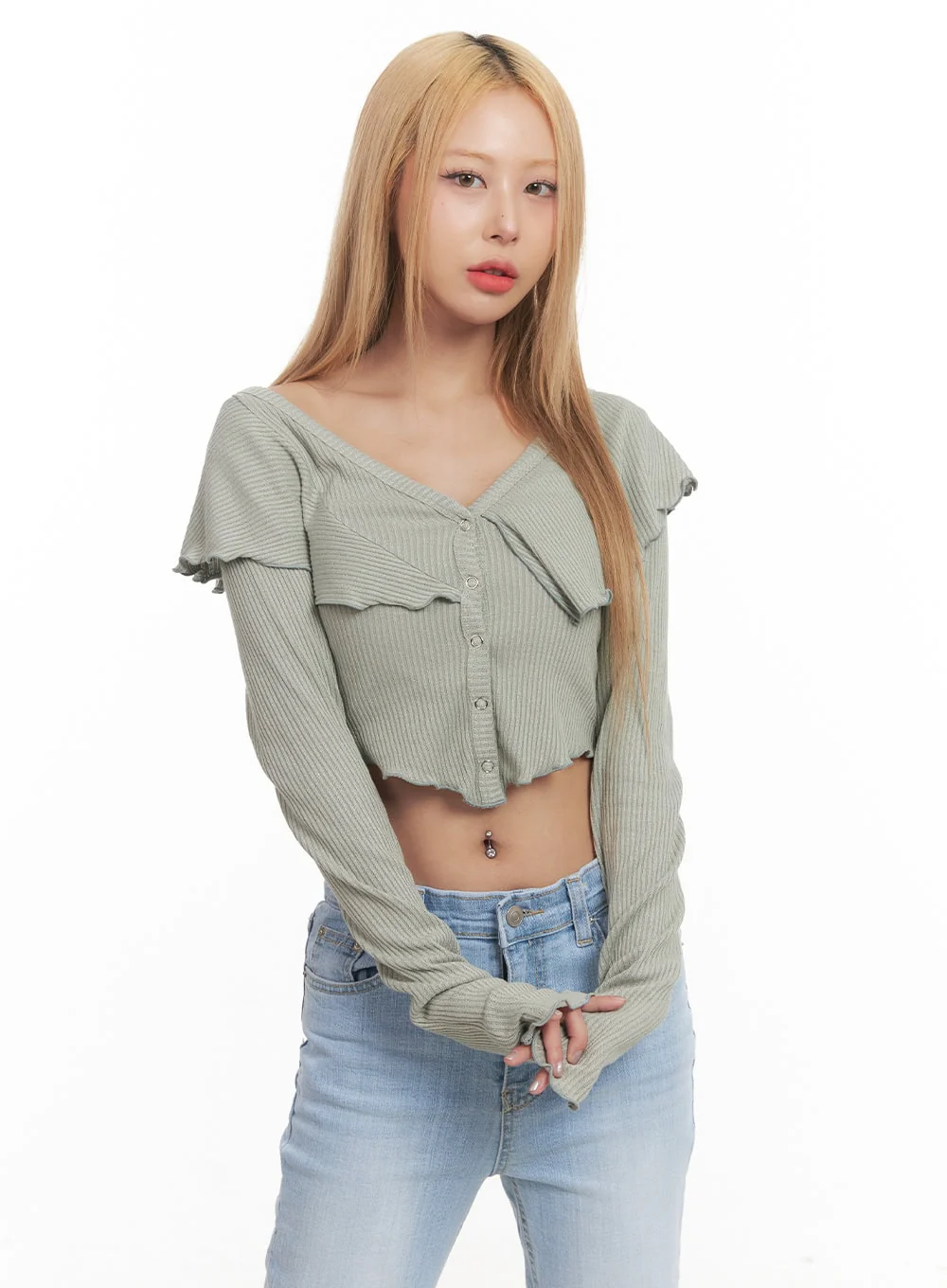 Frill Layered Long-Sleeve Button Crop Top CM505 - Image 3