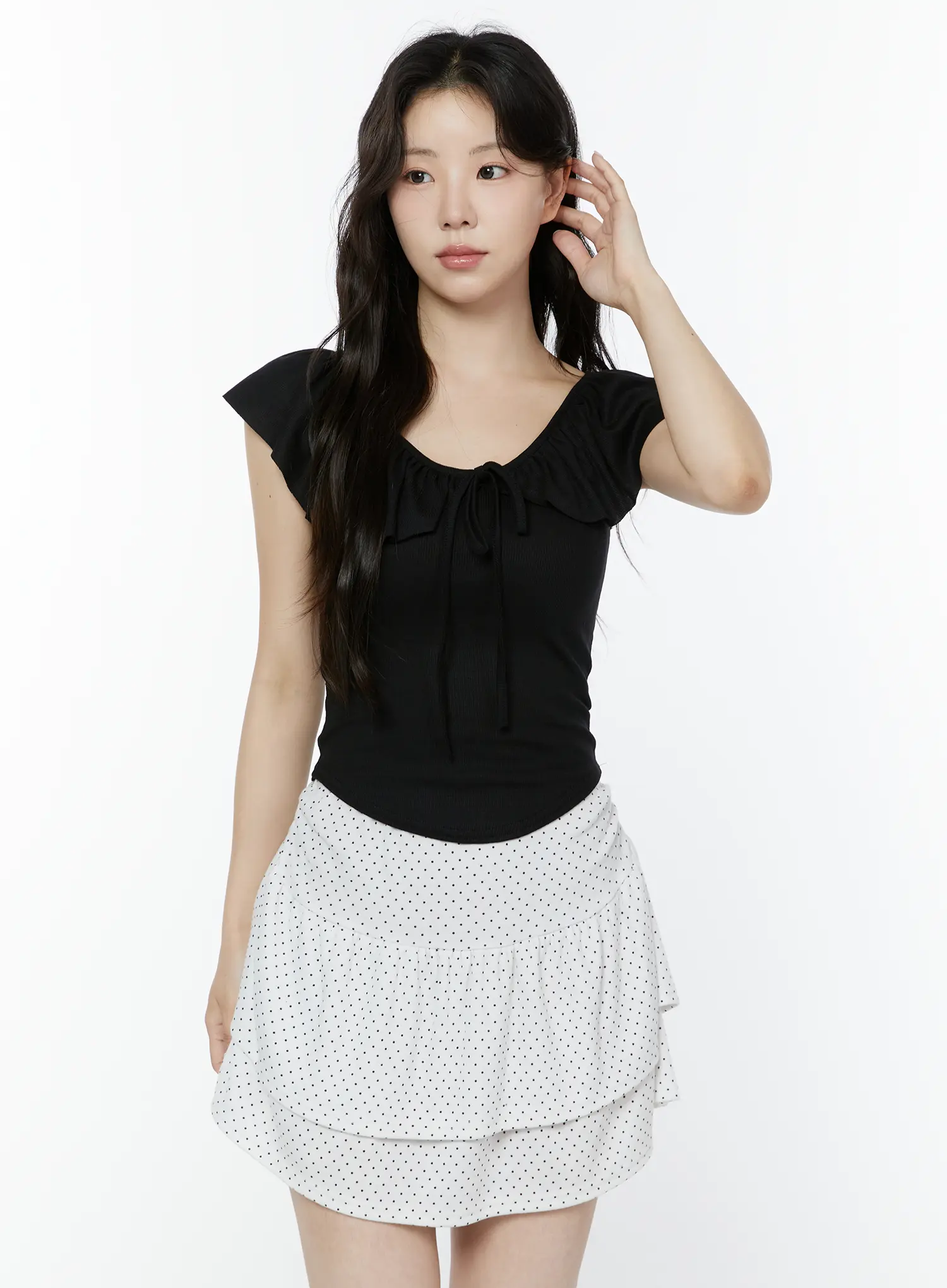 Frill Ribbon V-Neck Off-Shoulder Top IY507 - Image 4