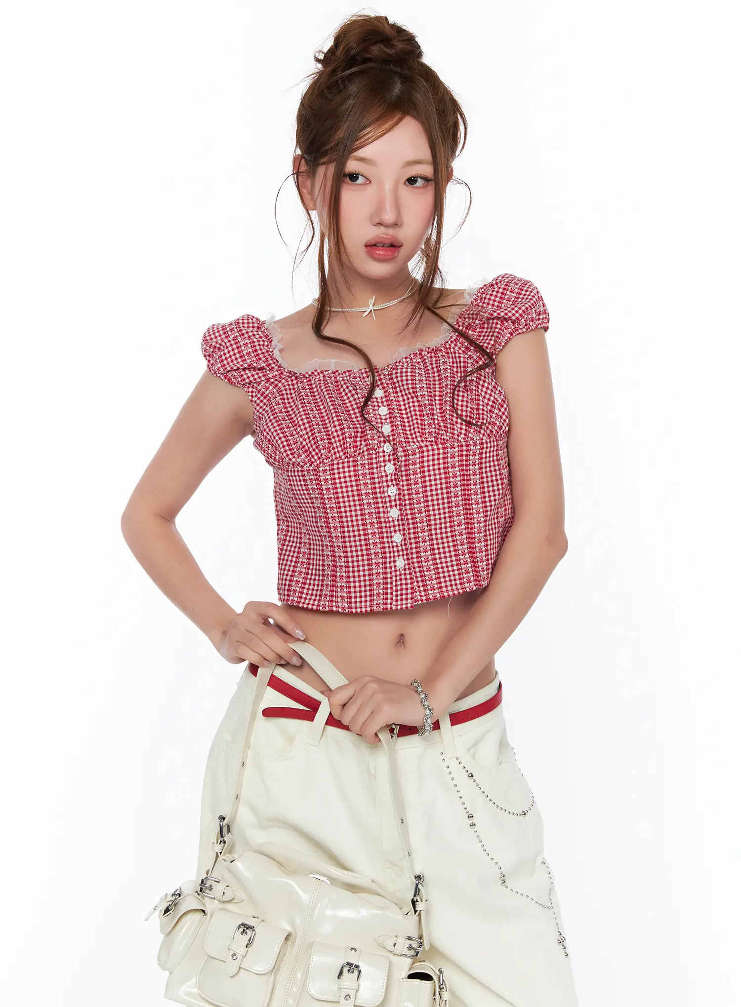 Frill Trimmed Gingham Short Sleeve Blouse CA514
