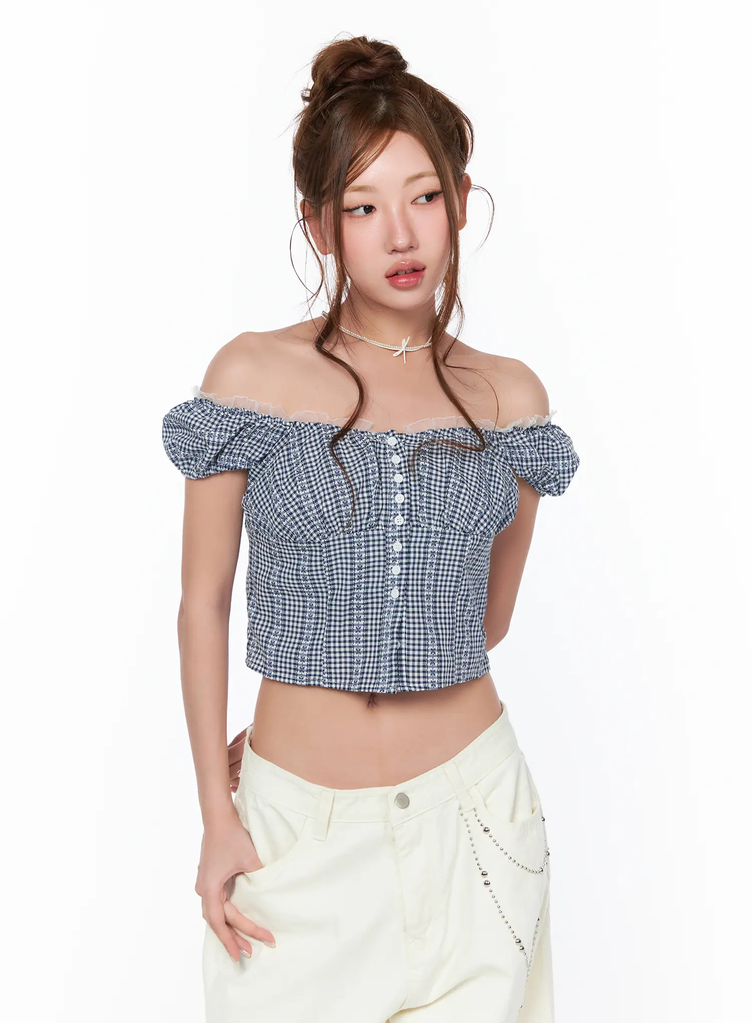 Frill Trimmed Gingham Short Sleeve Blouse CA514 - Image 2