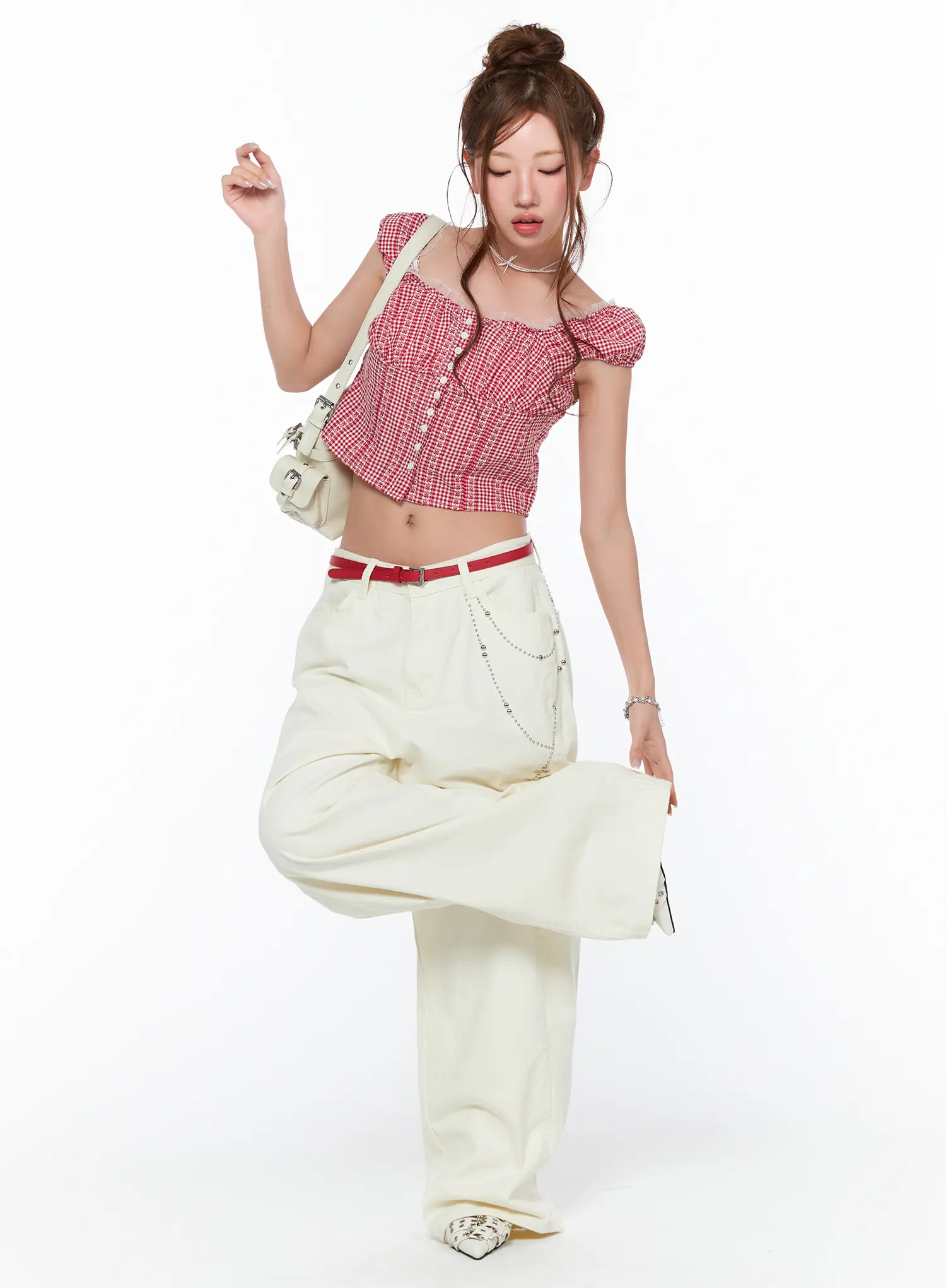 Frill Trimmed Gingham Short Sleeve Blouse CA514 - Image 3