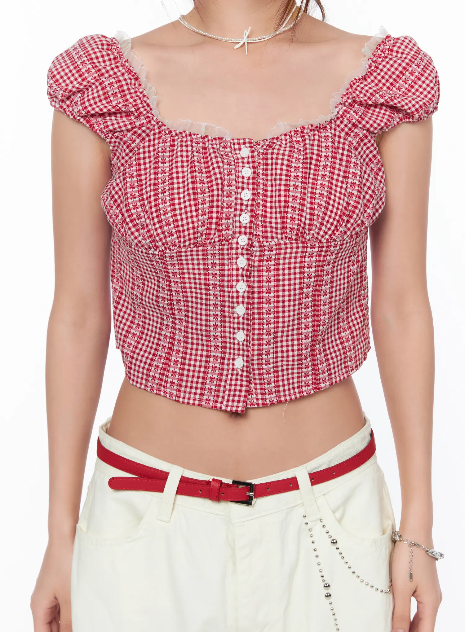 Frill Trimmed Gingham Short Sleeve Blouse CA514 - Image 4