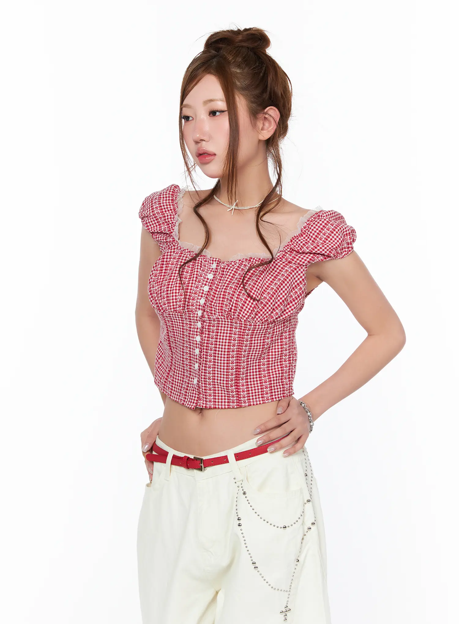 Frill Trimmed Gingham Short Sleeve Blouse CA514 - Image 5