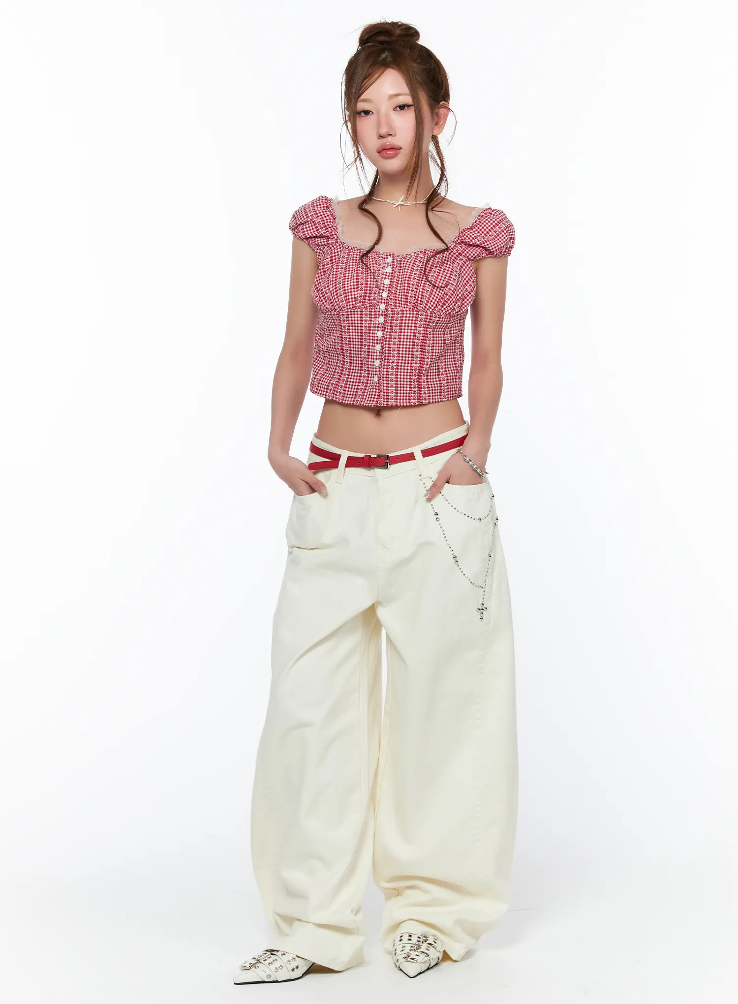 Frill Trimmed Gingham Short Sleeve Blouse CA514 - Image 6