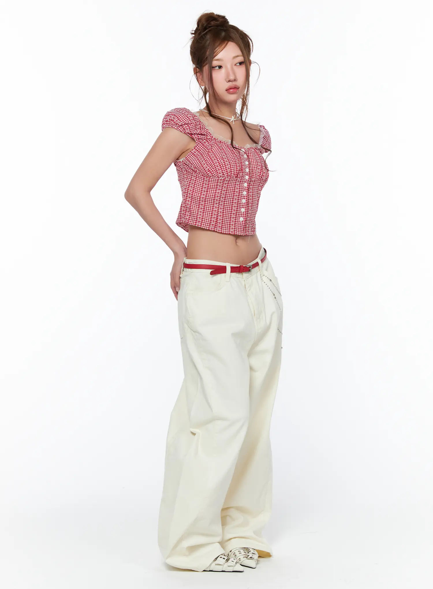 Frill Trimmed Gingham Short Sleeve Blouse CA514 - Image 7