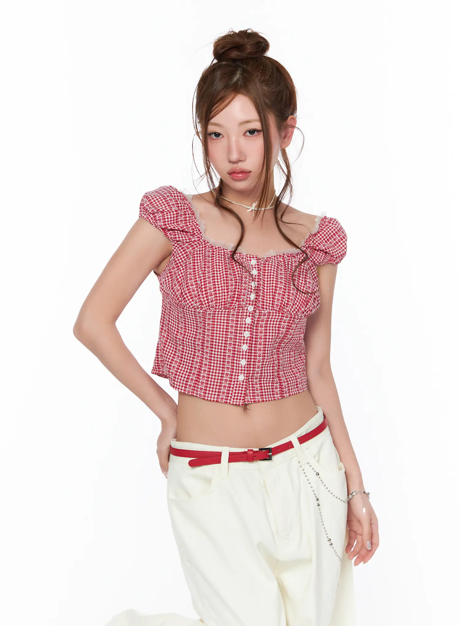 Frill Trimmed Gingham Short Sleeve Blouse CA514 - Image 9