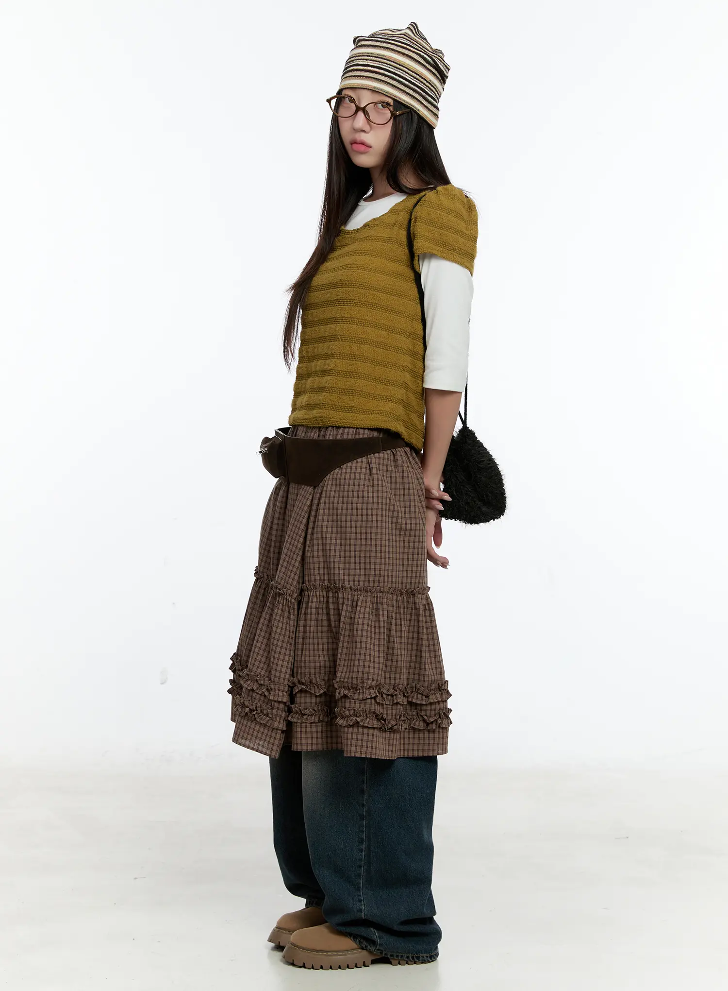 Gingham Ruffle Layered Midi Skirt CS517