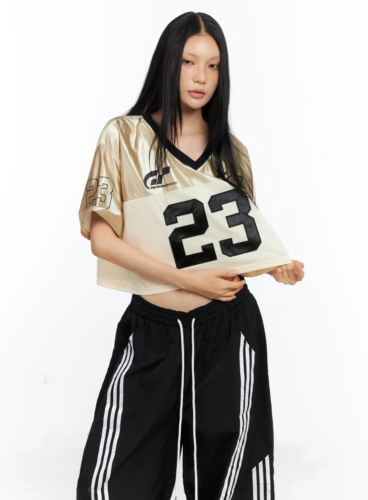 Glossy V-Neck Cropped Jersey CL529 - Image 12