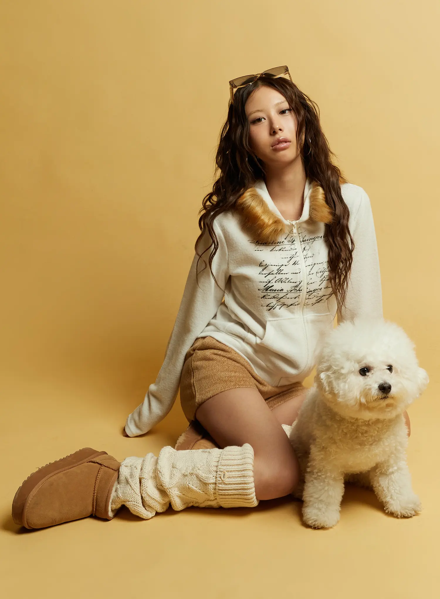 Graphic Faux Fur Trim Zip-Up Hoodie CD512