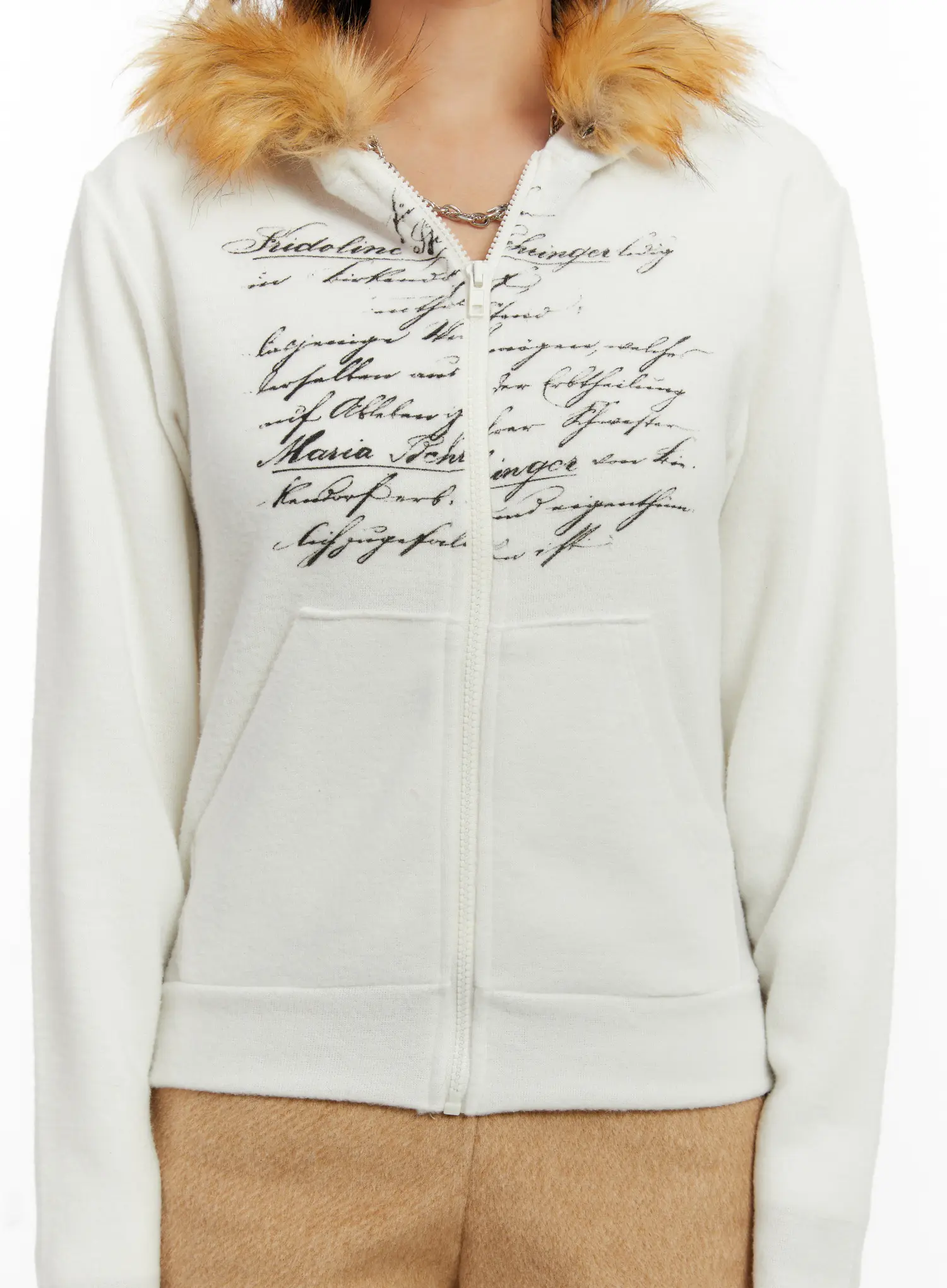 Graphic Faux Fur Trim Zip-Up Hoodie CD512 - Image 5