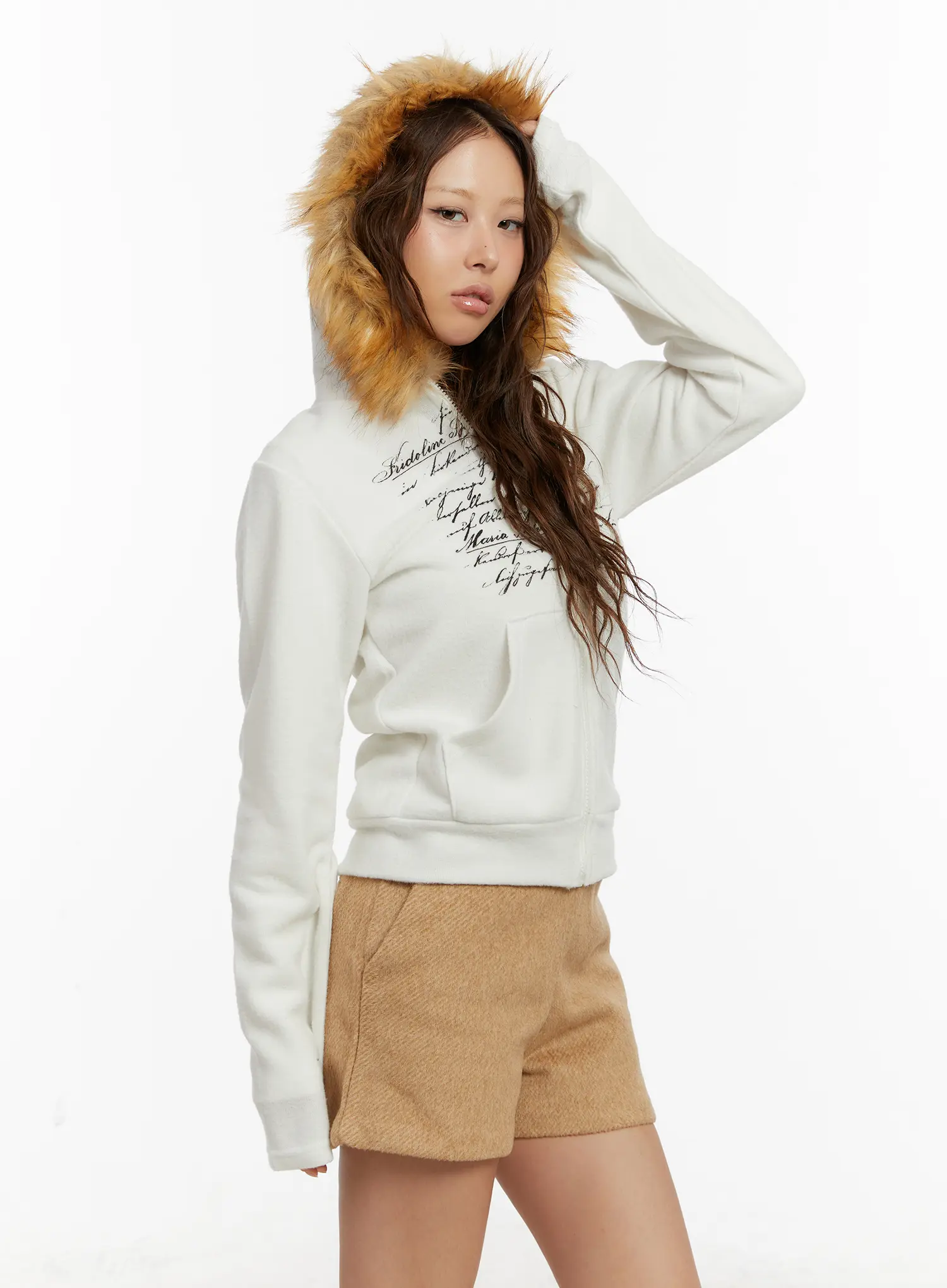 Graphic Faux Fur Trim Zip-Up Hoodie CD512 - Image 7