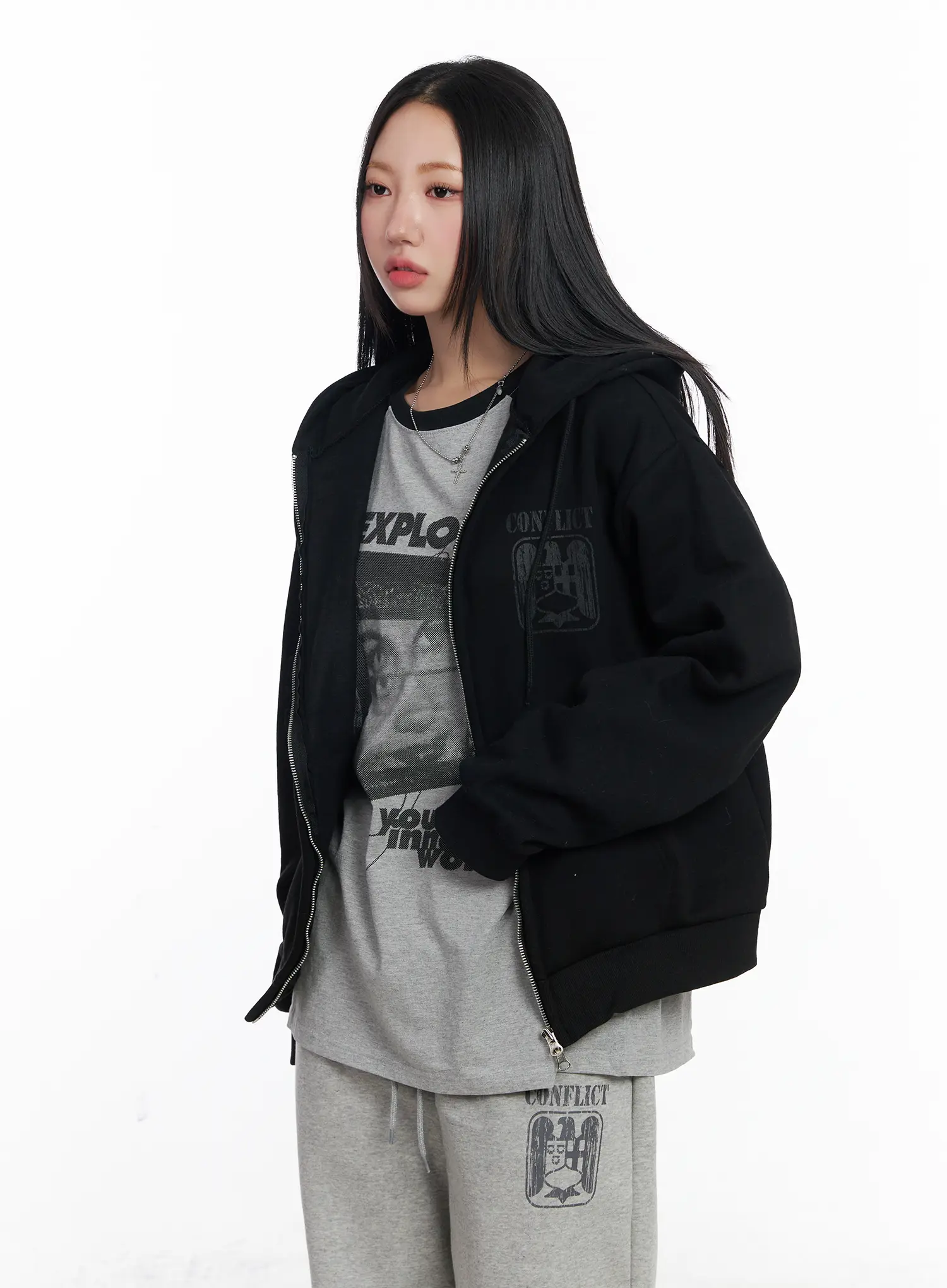Graphic Fleece Oversized Zip-Up Hoodie CJ515 - Image 10