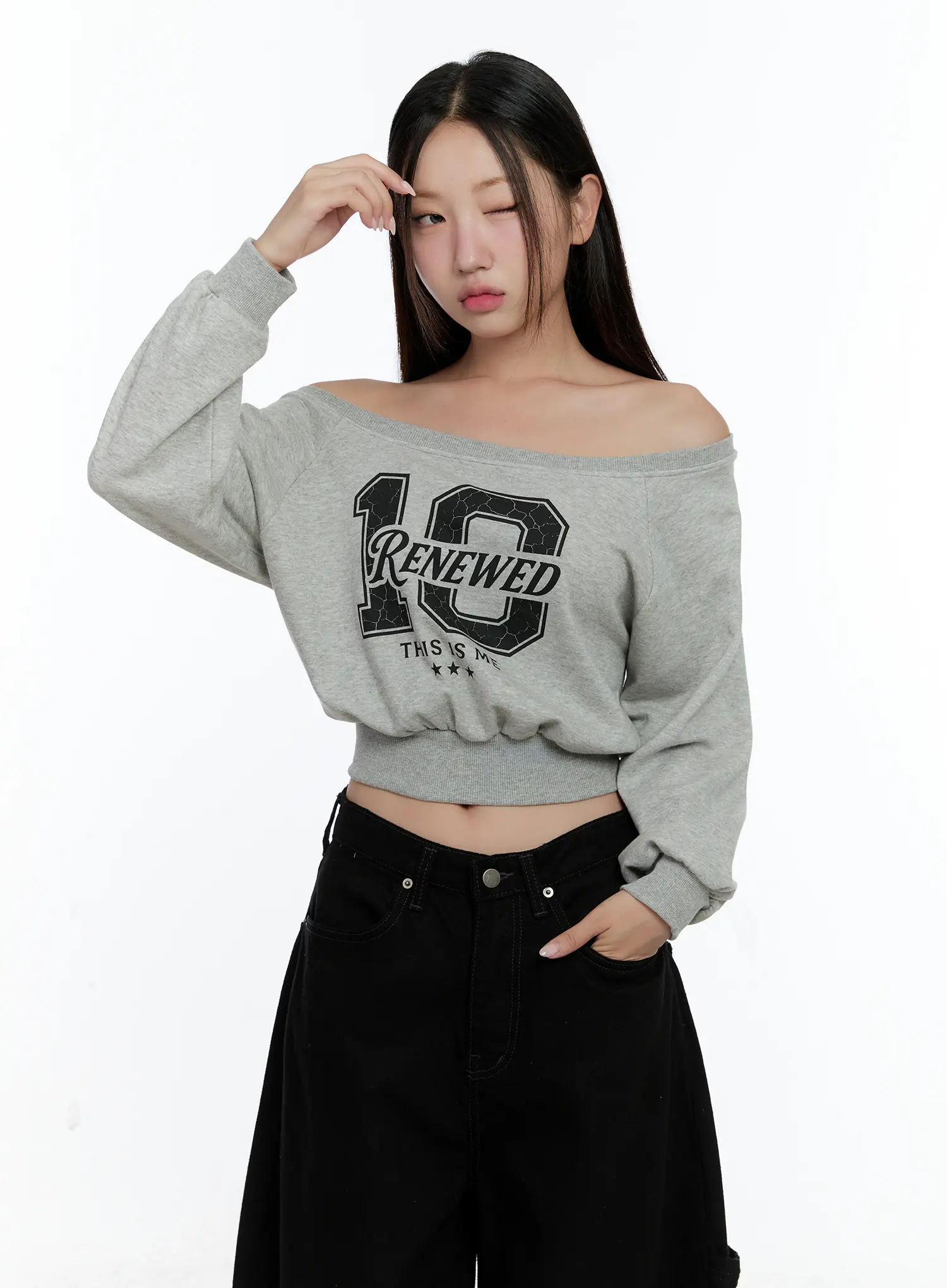 Graphic Off-shoulder Crop Sweatshirt CS517 - Image 5
