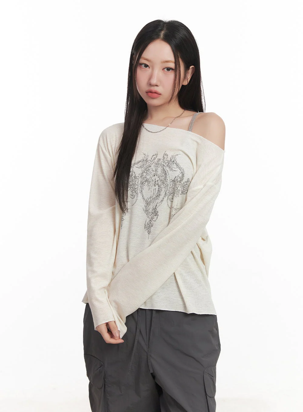 Graphic Off-Shoulder Long Sleeve Top CA518 - Image 2