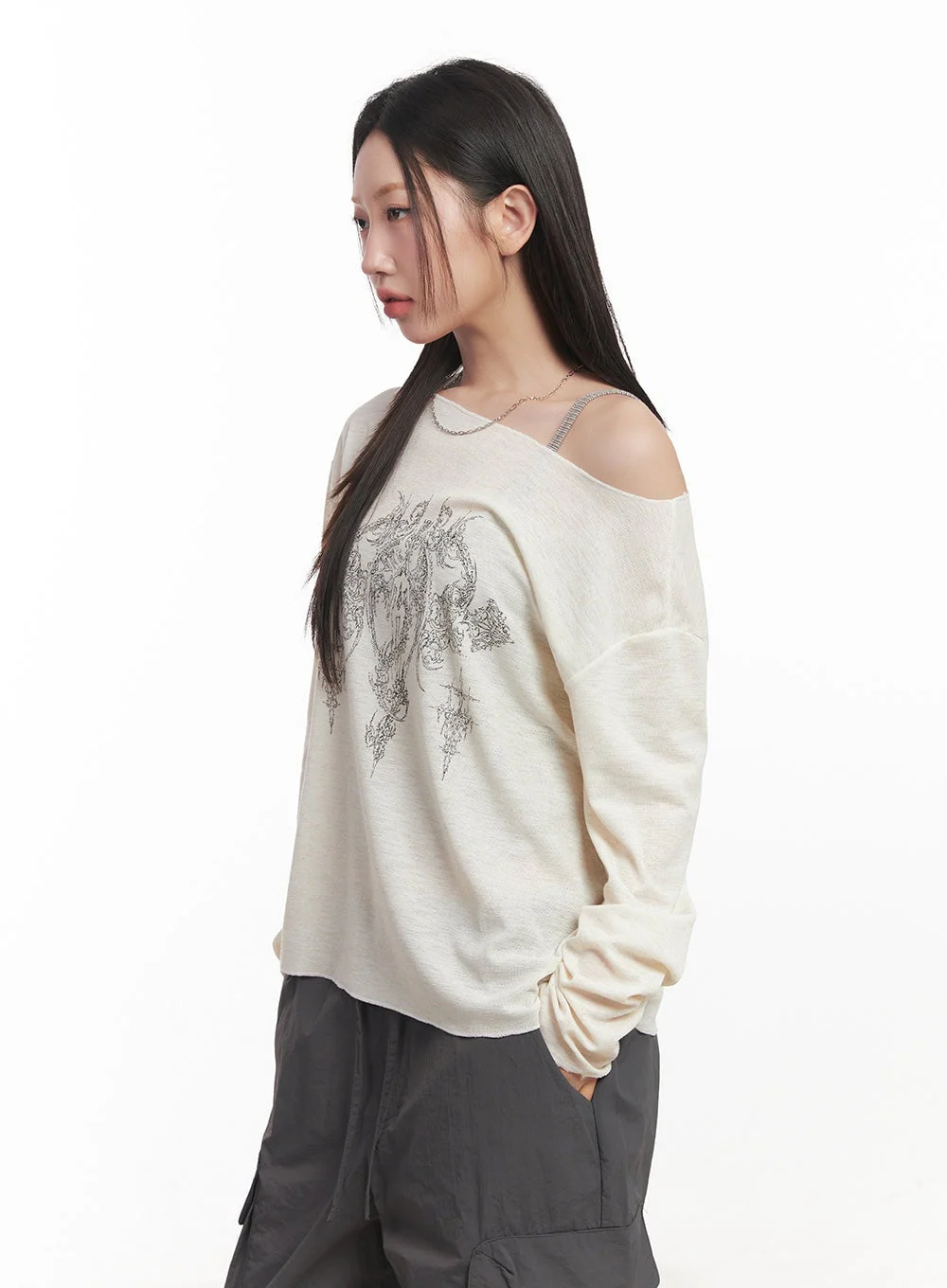 Graphic Off-Shoulder Long Sleeve Top CA518 - Image 3