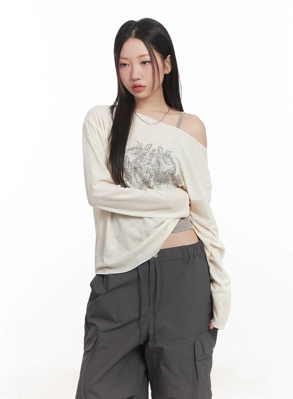 Graphic Off-Shoulder Long Sleeve Top CA518 - Image 8