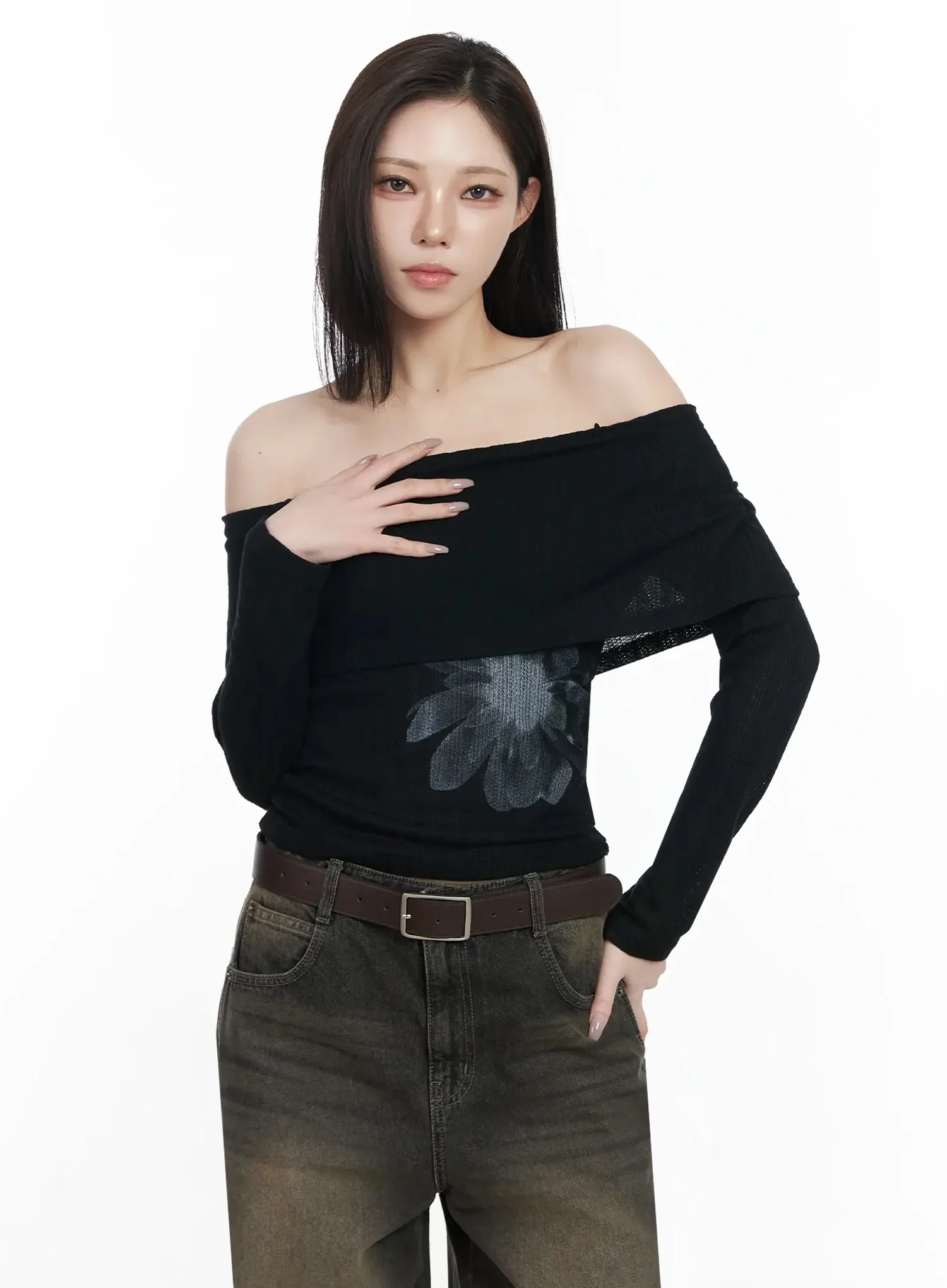 Graphic Off-Shoulder Long Sleeve Top IJ528 - Image 14