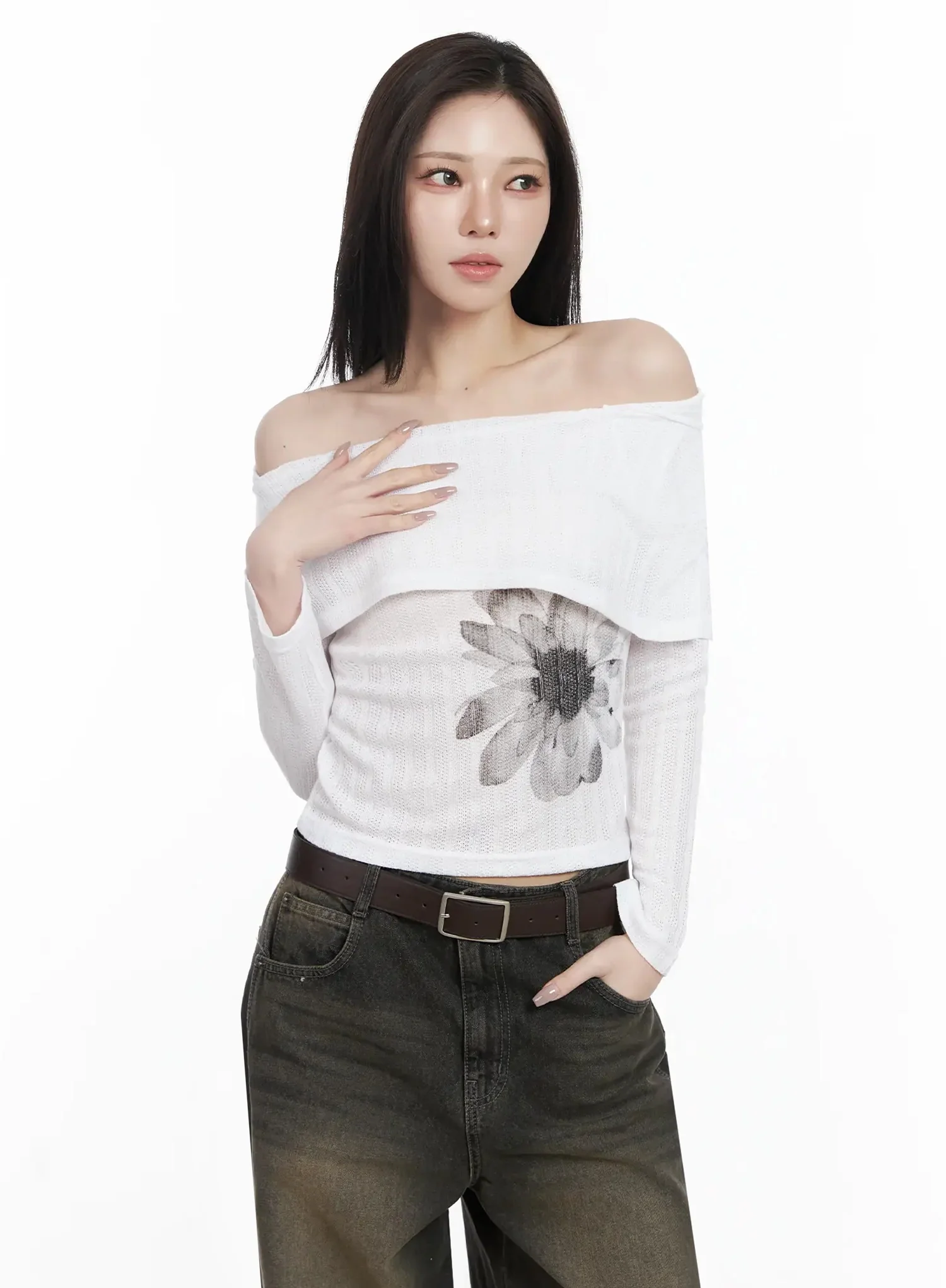 Graphic Off-Shoulder Long Sleeve Top IJ528 - Image 2