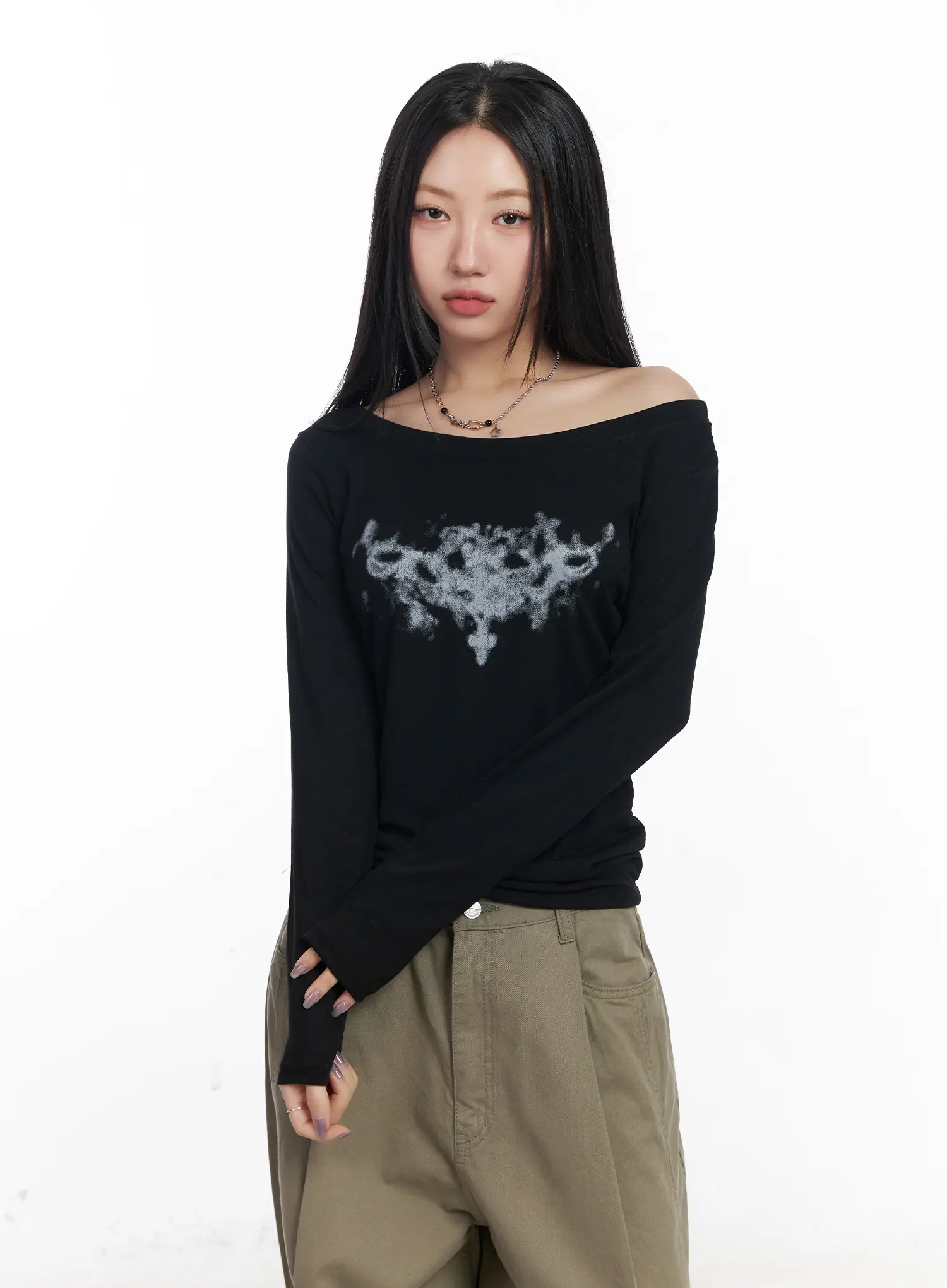 Graphic One-Shoulder Long Sleeve Top CJ530 - Image 2
