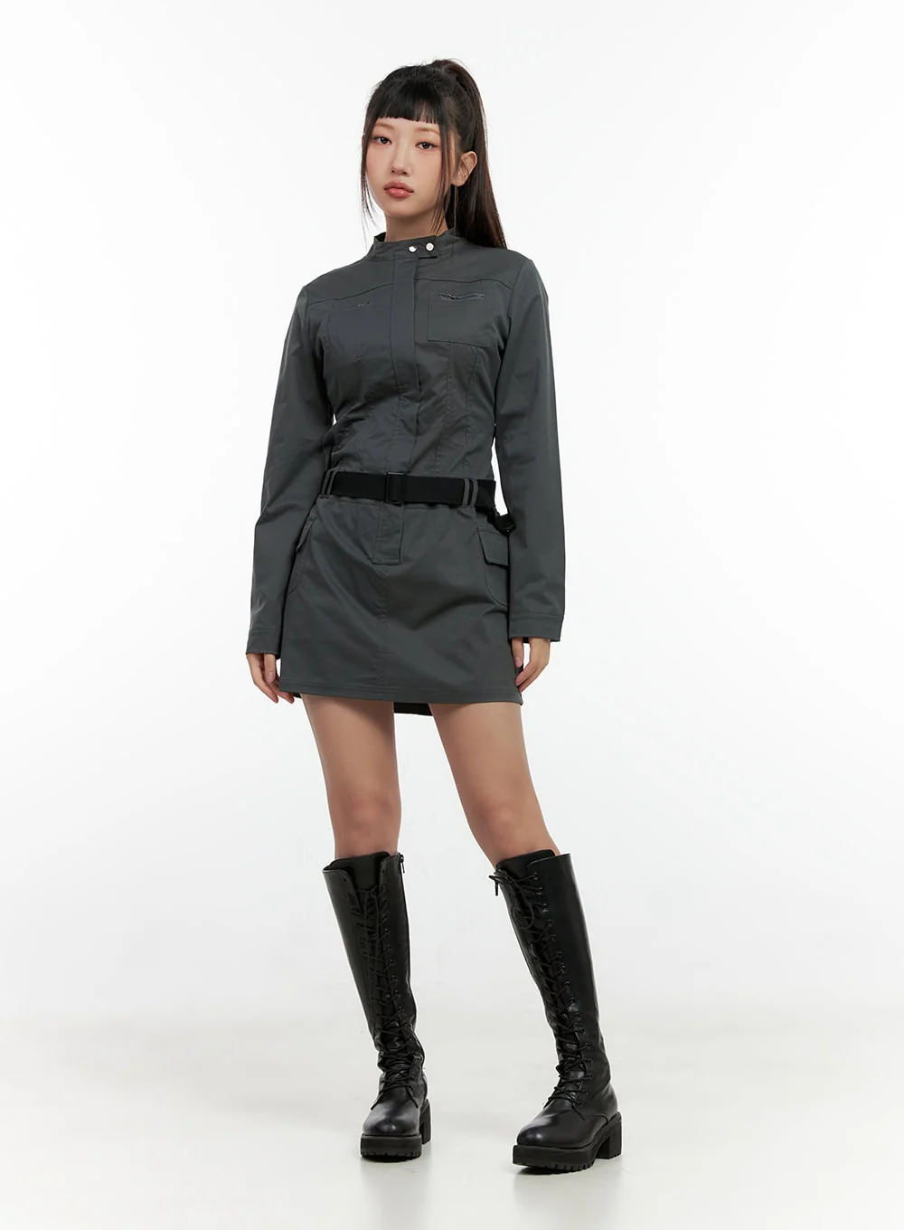 Half Zip Up Belt Mini Dress CN404 - Image 2