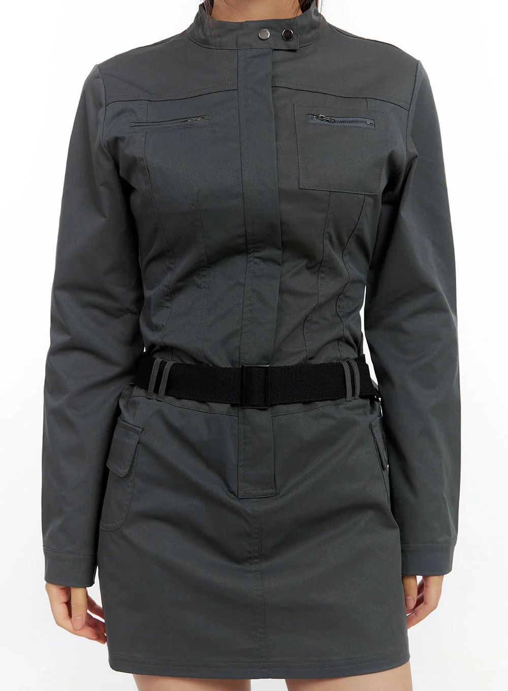 Half Zip Up Belt Mini Dress CN404 - Image 3