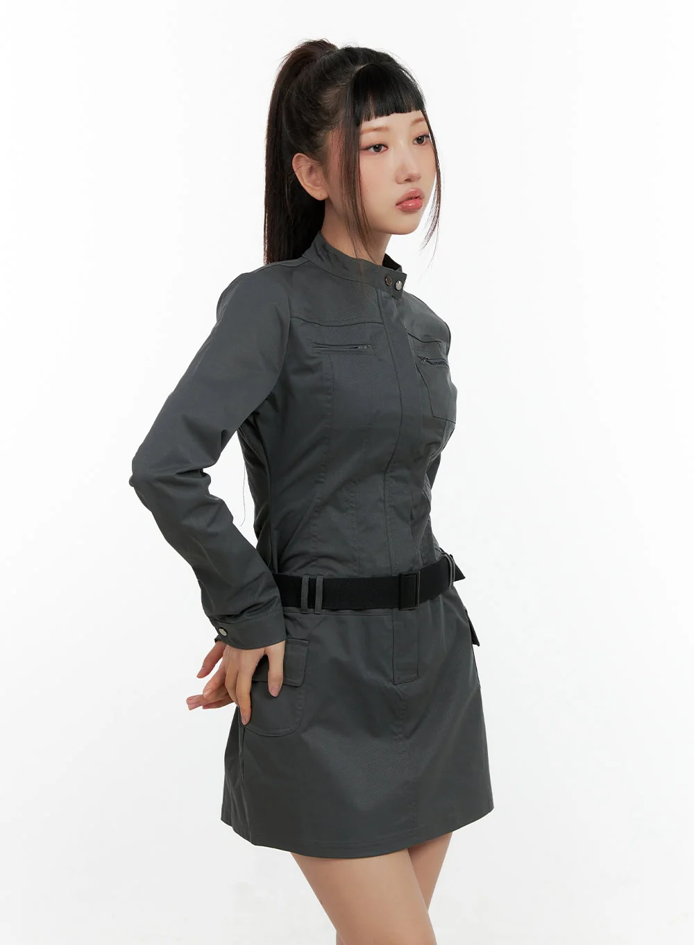 Half Zip Up Belt Mini Dress CN404 - Image 4