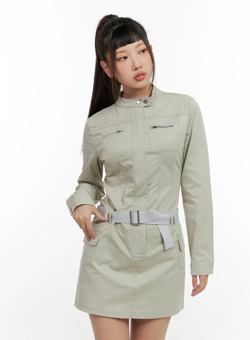 Half Zip Up Belt Mini Dress CN404 - Image 8