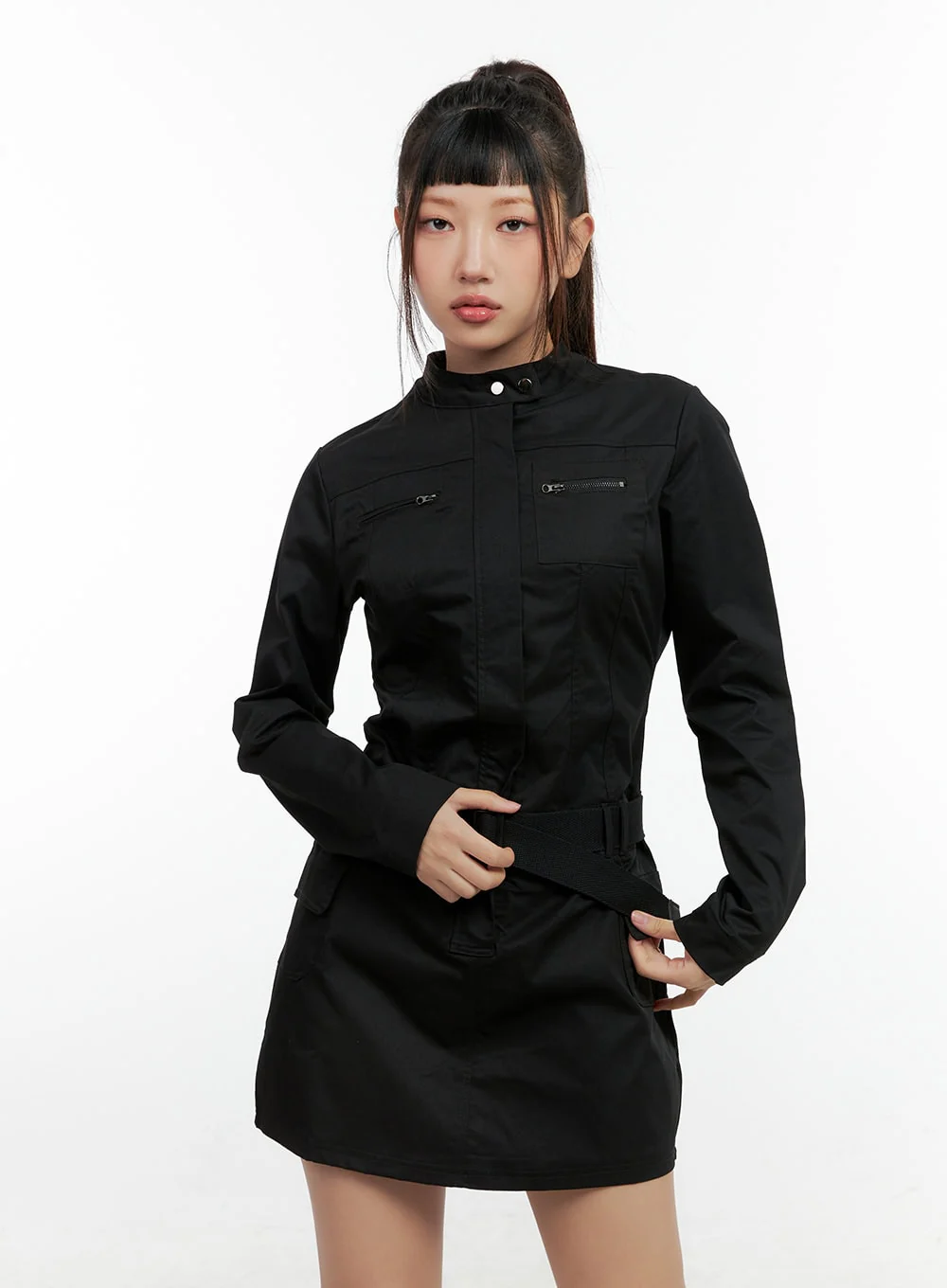 Half Zip Up Belt Mini Dress CN404 - Image 9