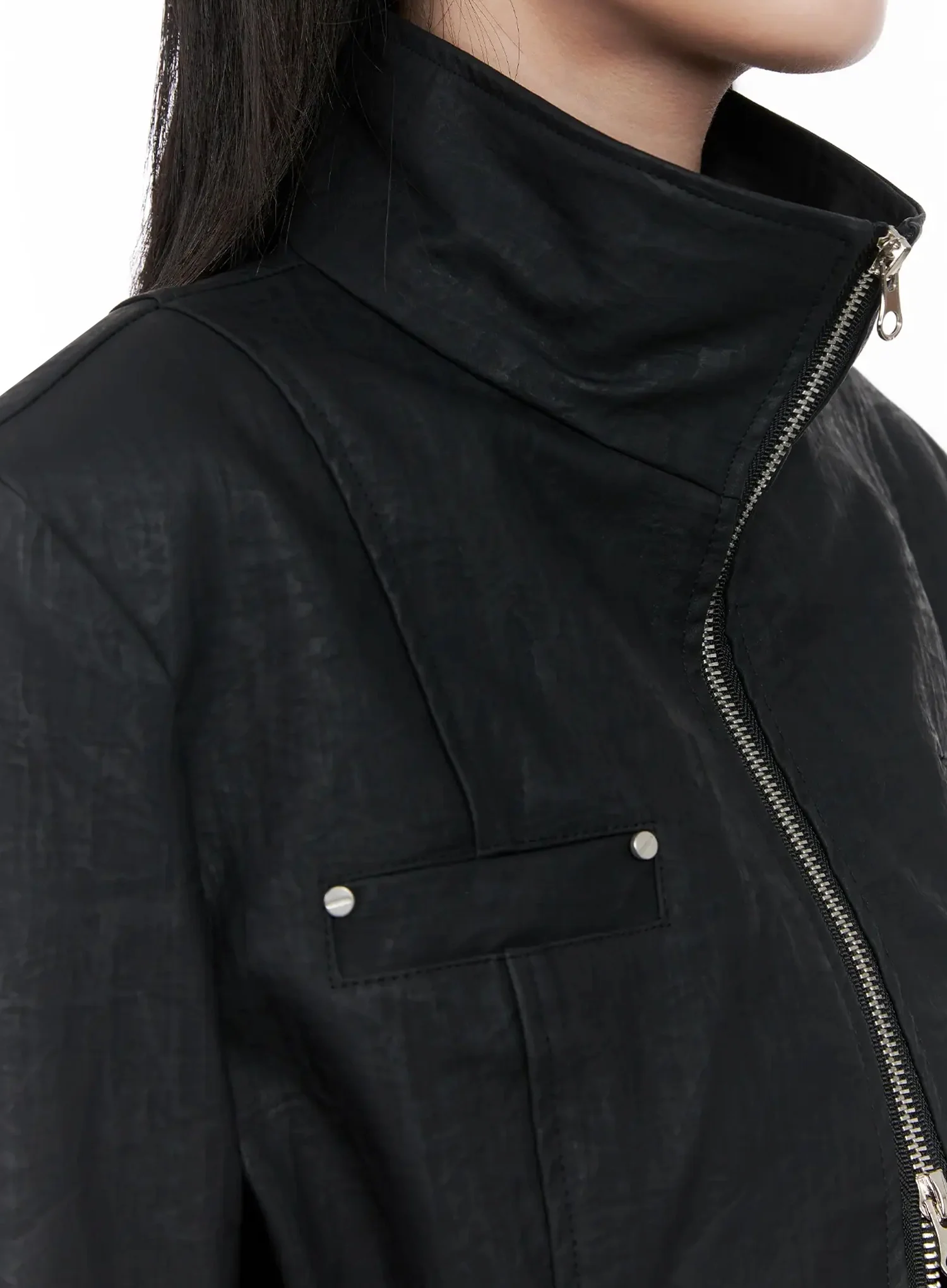 High Neck Zip Up Faux Leather Jacket IS508 - Image 3