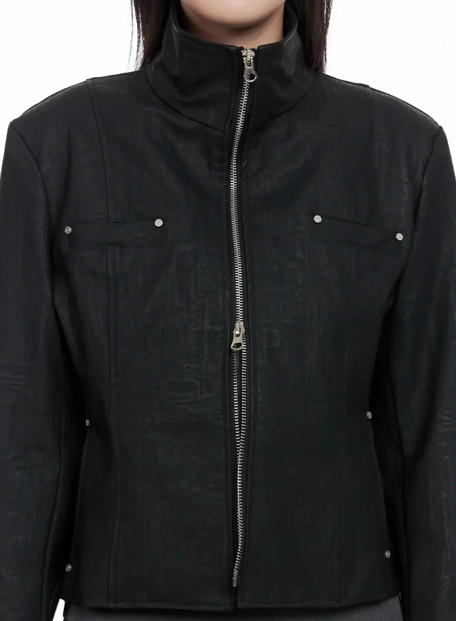 High Neck Zip Up Faux Leather Jacket IS508 - Image 4