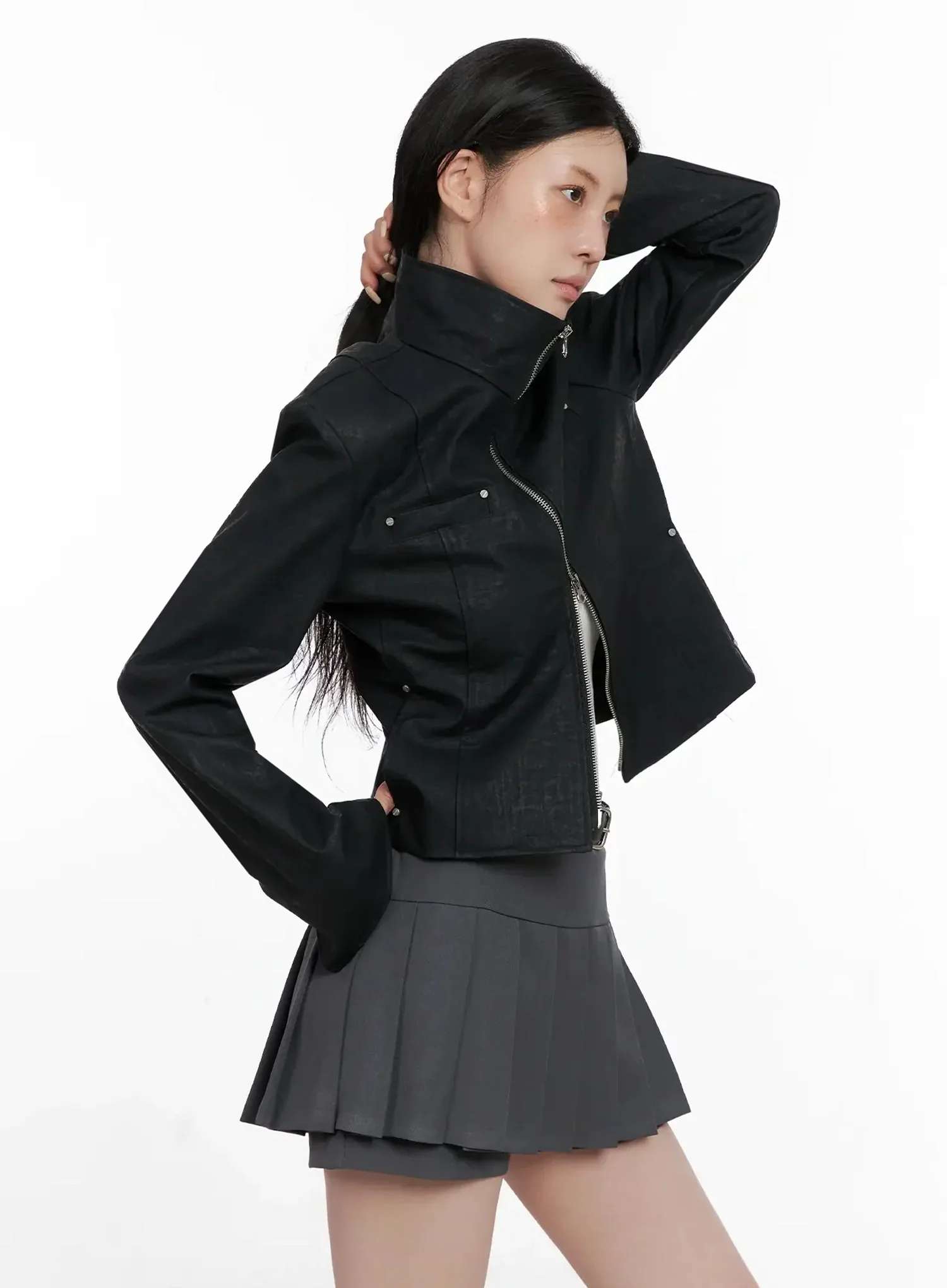 High Neck Zip Up Faux Leather Jacket IS508 - Image 6