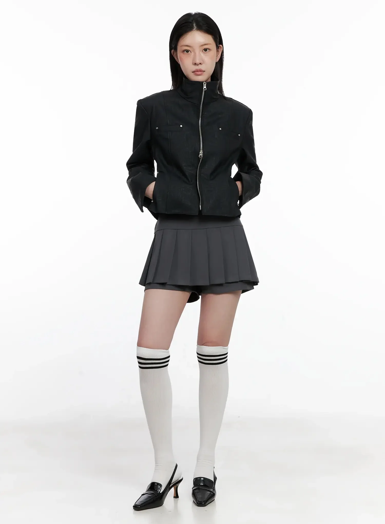 High Neck Zip Up Faux Leather Jacket IS508 - Image 7
