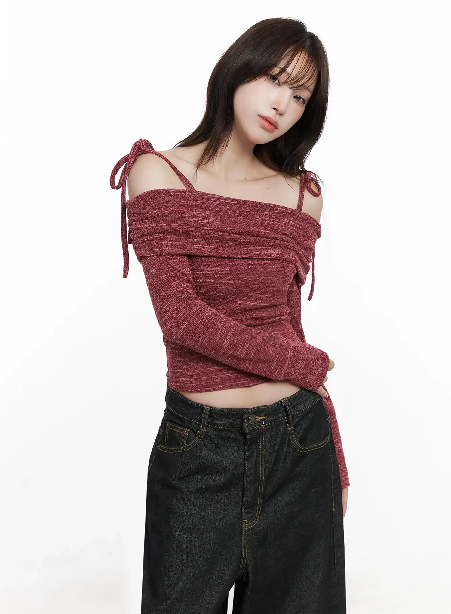 Knit Ribbon Strap Off-Shoulder Top IN514 - Image 5