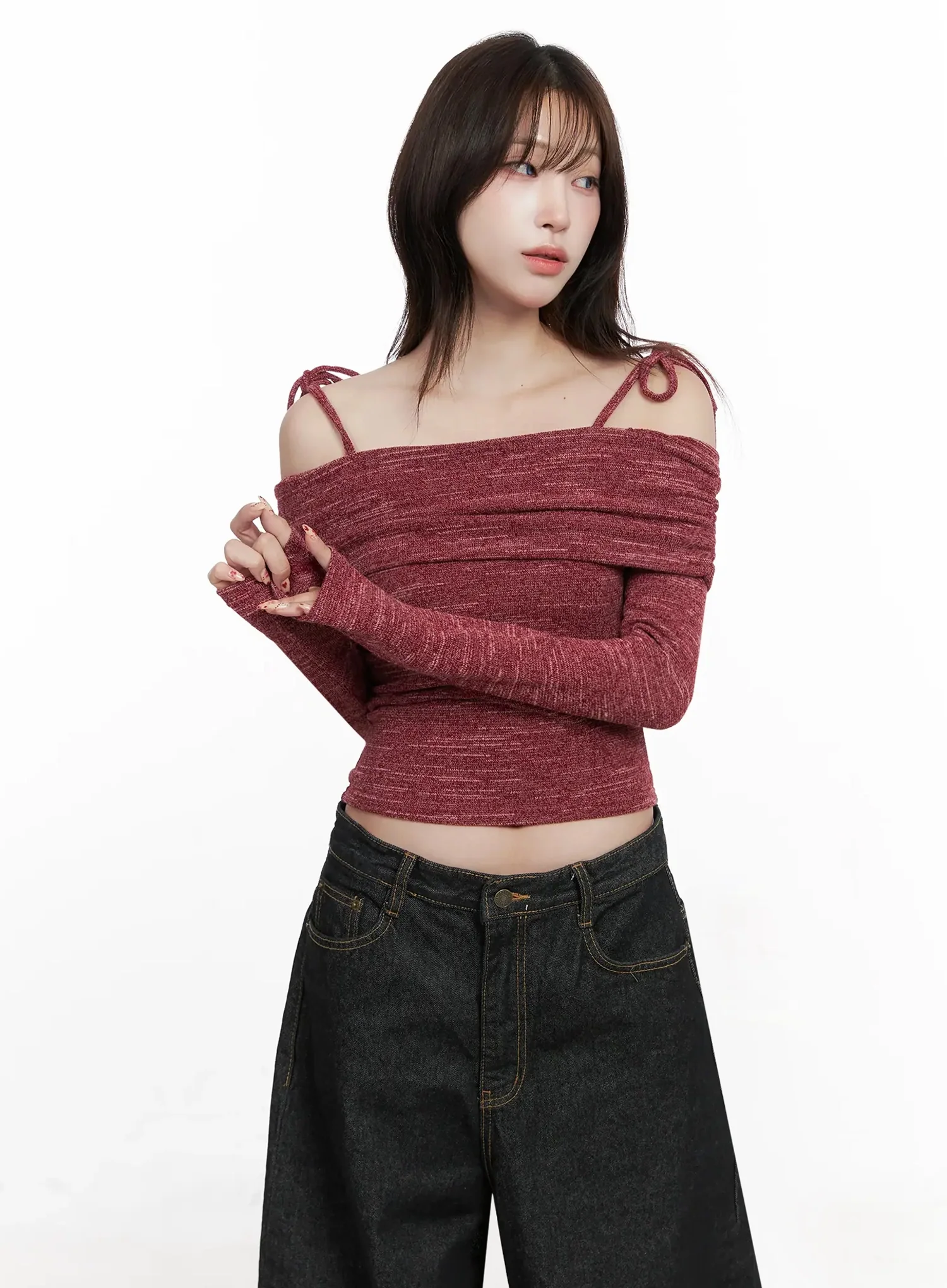 Knit Ribbon Strap Off-Shoulder Top IN514 - Image 6