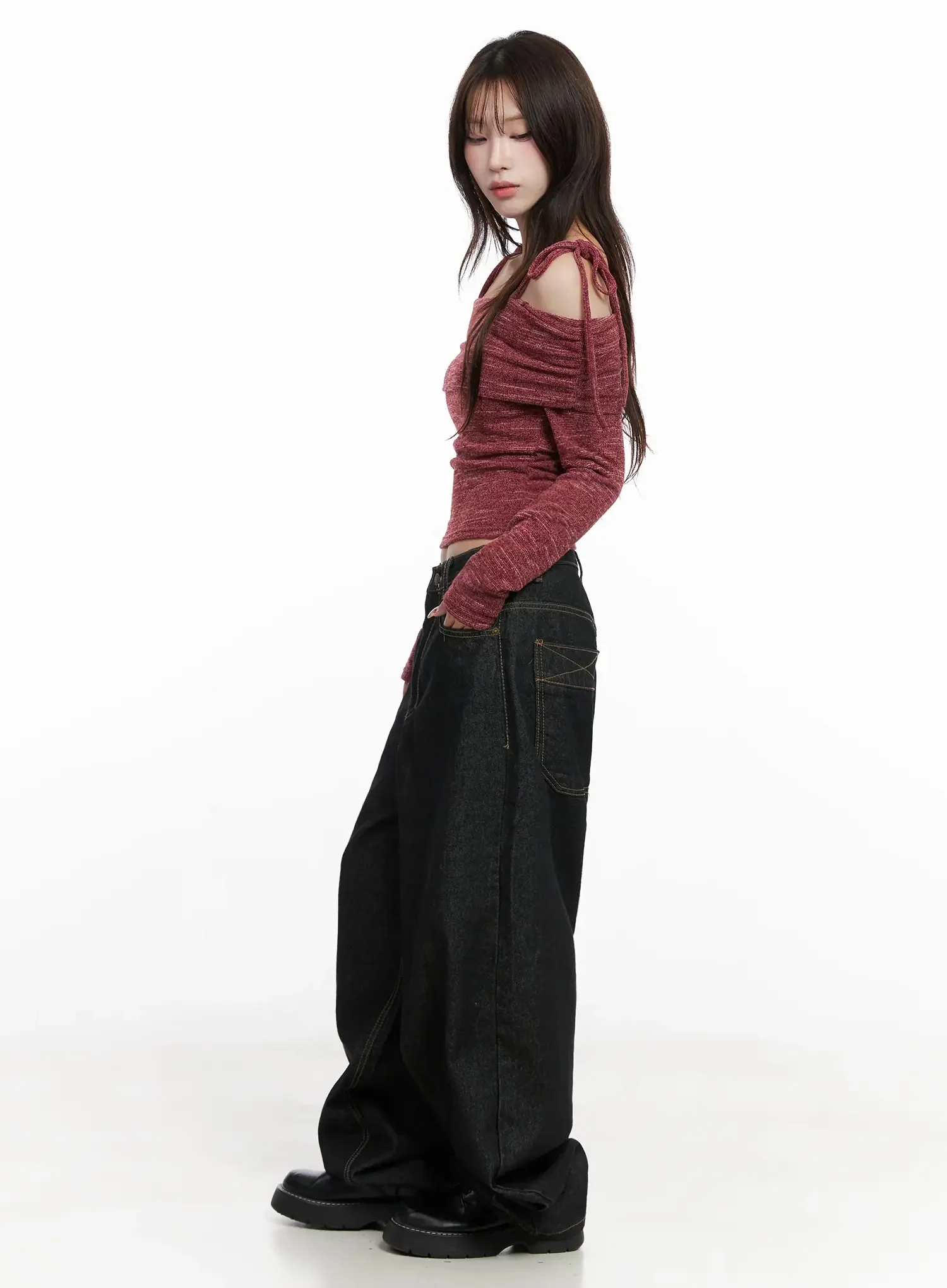 Knit Ribbon Strap Off-Shoulder Top IN514 - Image 9
