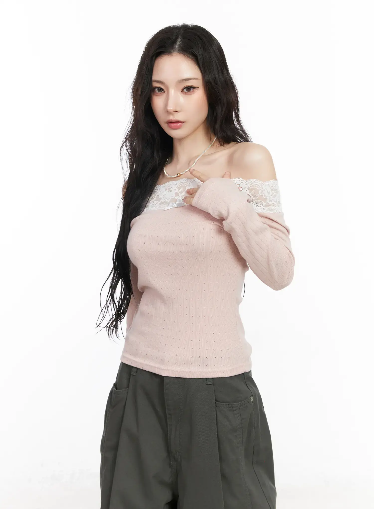 Lace Off-Shoulder Pointelle Long Sleeve Top CM518 - Image 2