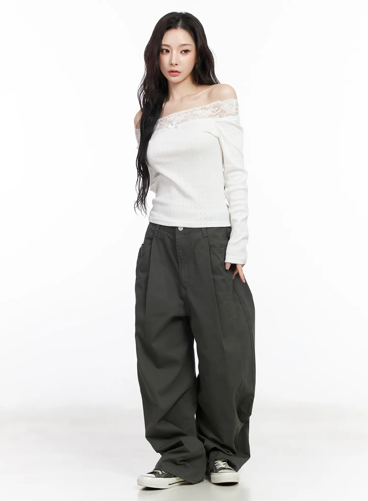 Lace Off-Shoulder Pointelle Long Sleeve Top CM518 - Image 3