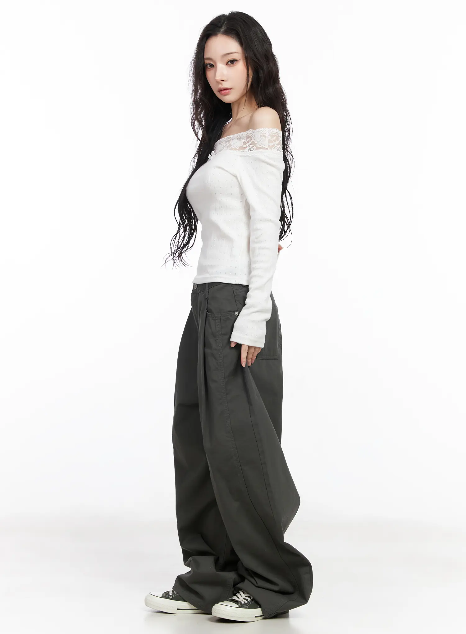 Lace Off-Shoulder Pointelle Long Sleeve Top CM518 - Image 4