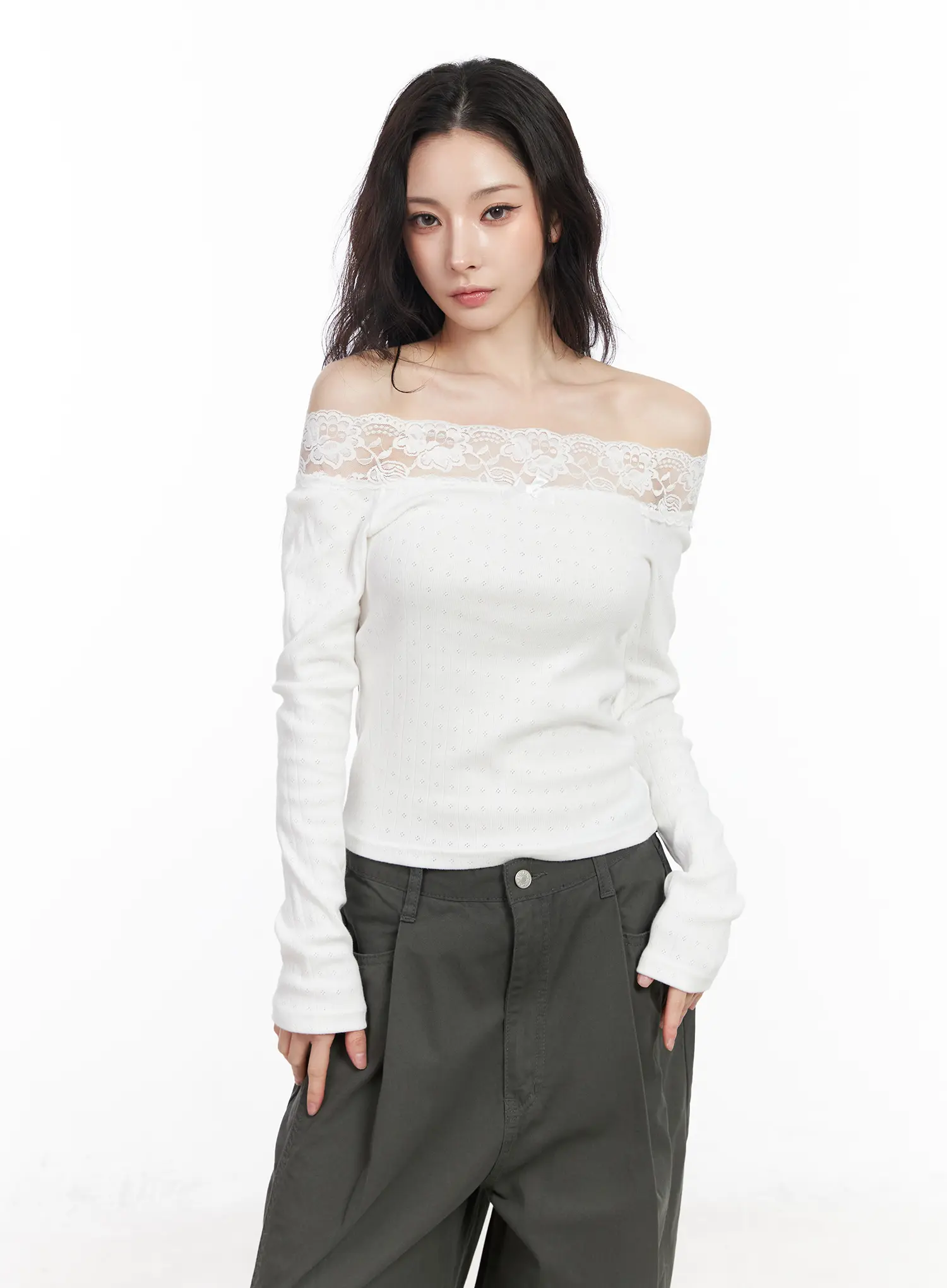 Lace Off-Shoulder Pointelle Long Sleeve Top CM518 - Image 9