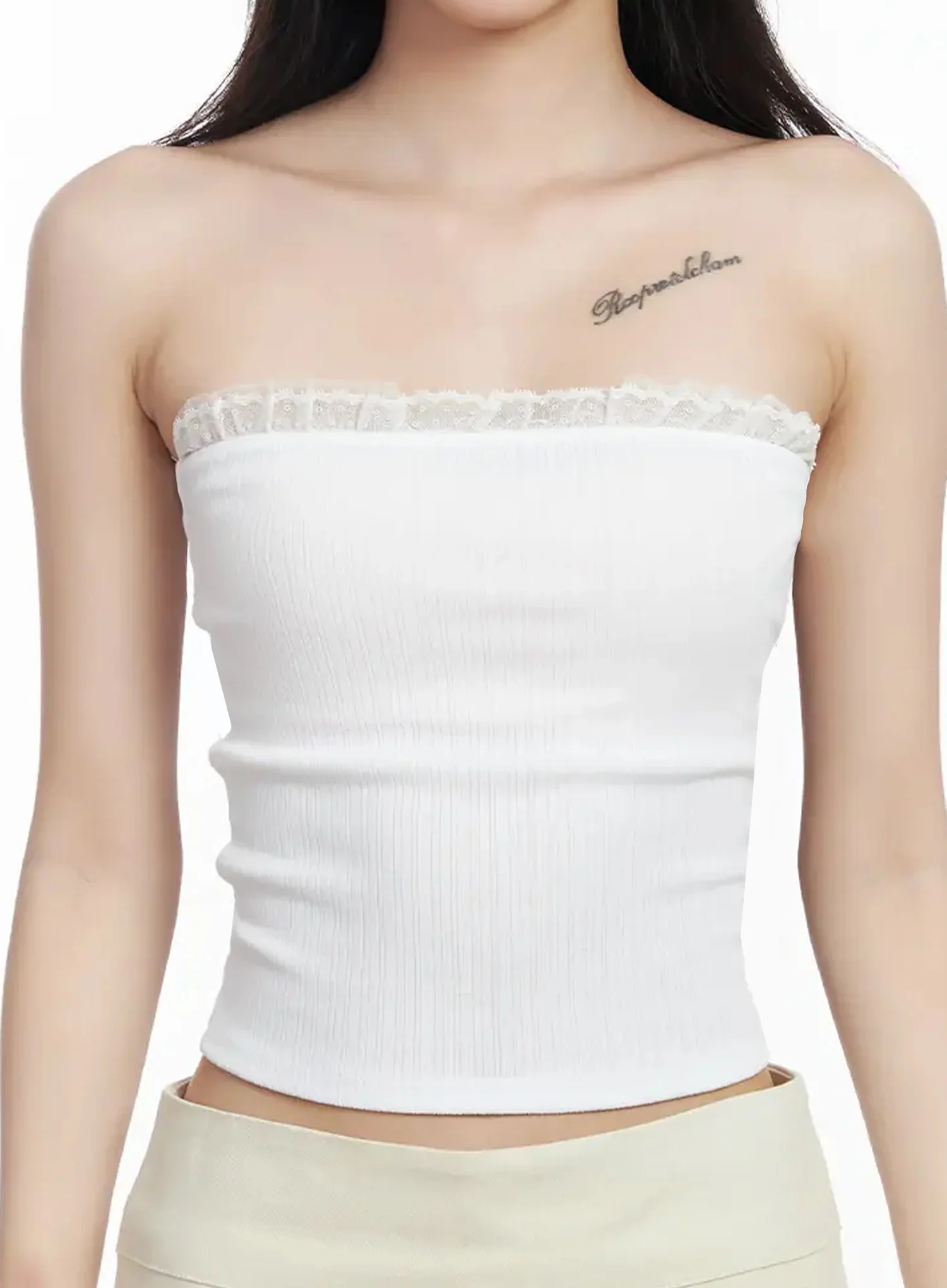 Lace-Trim Cardigan and Tube Top Set IM503 - Image 7
