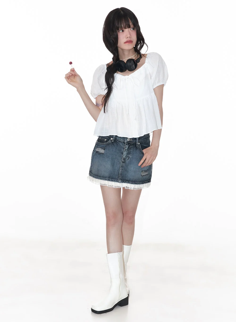 Lace-Trim Distressed Denim Mini Skirt CY521 - Image 2