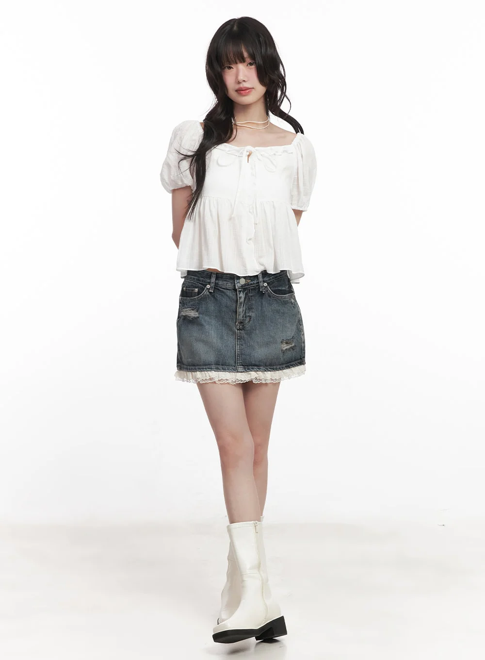 Lace-Trim Distressed Denim Mini Skirt CY521 - Image 3