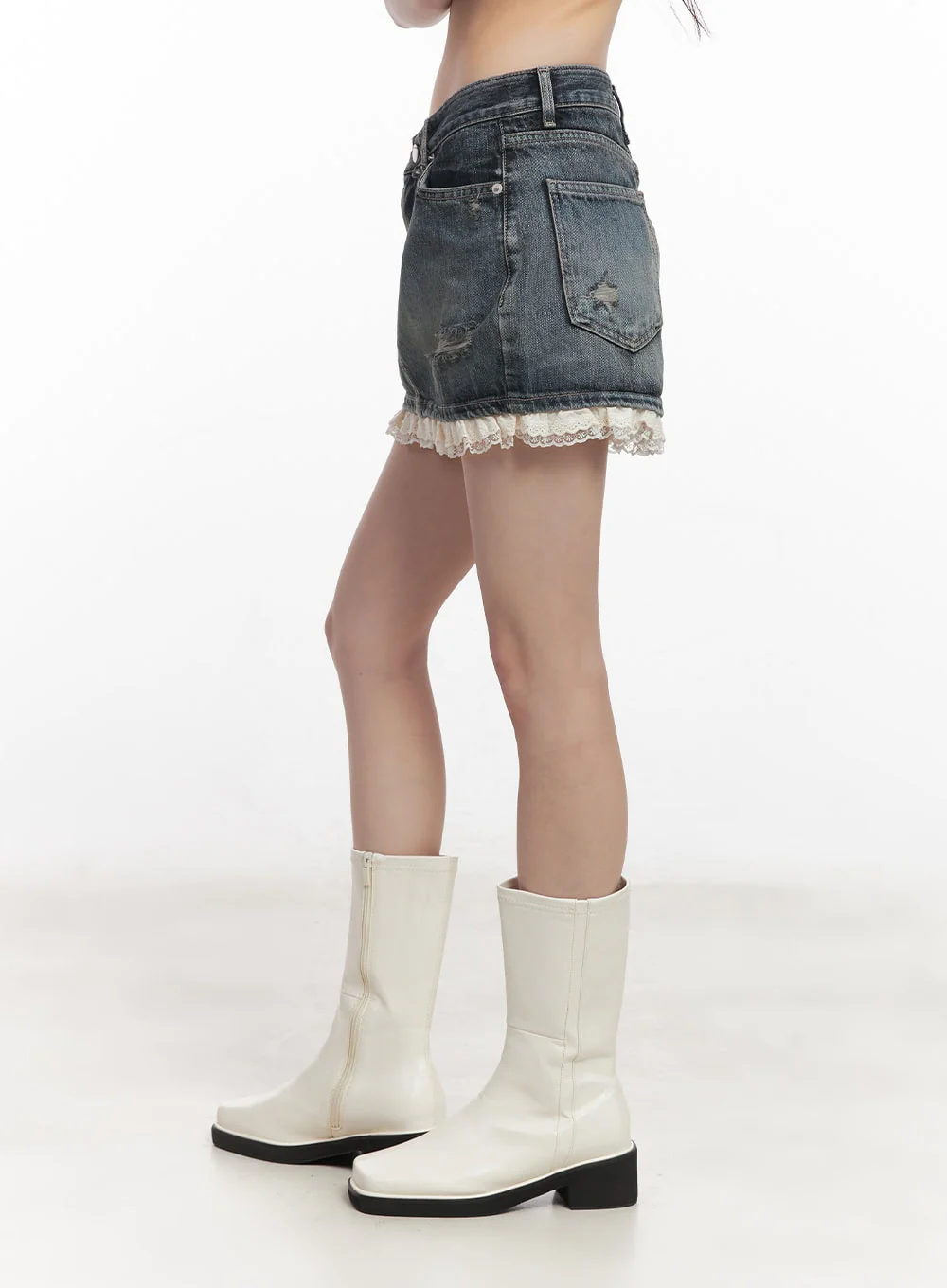 Lace-Trim Distressed Denim Mini Skirt CY521 - Image 5