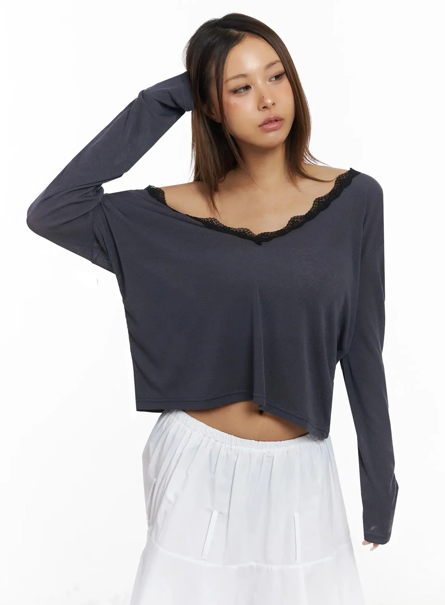 Lace Trim V-Neck Relaxed Top IY504 - Image 15