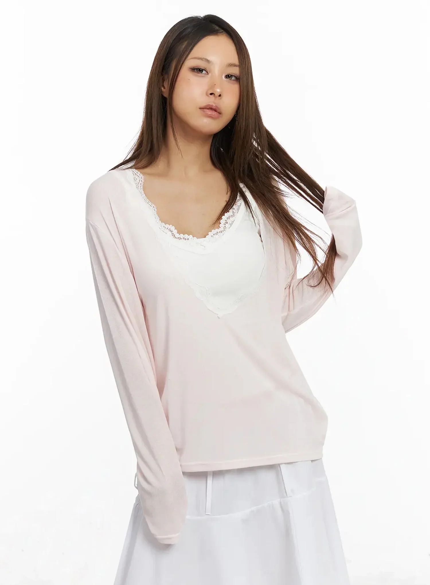 Lace Trim V-Neck Relaxed Top IY504 - Image 3