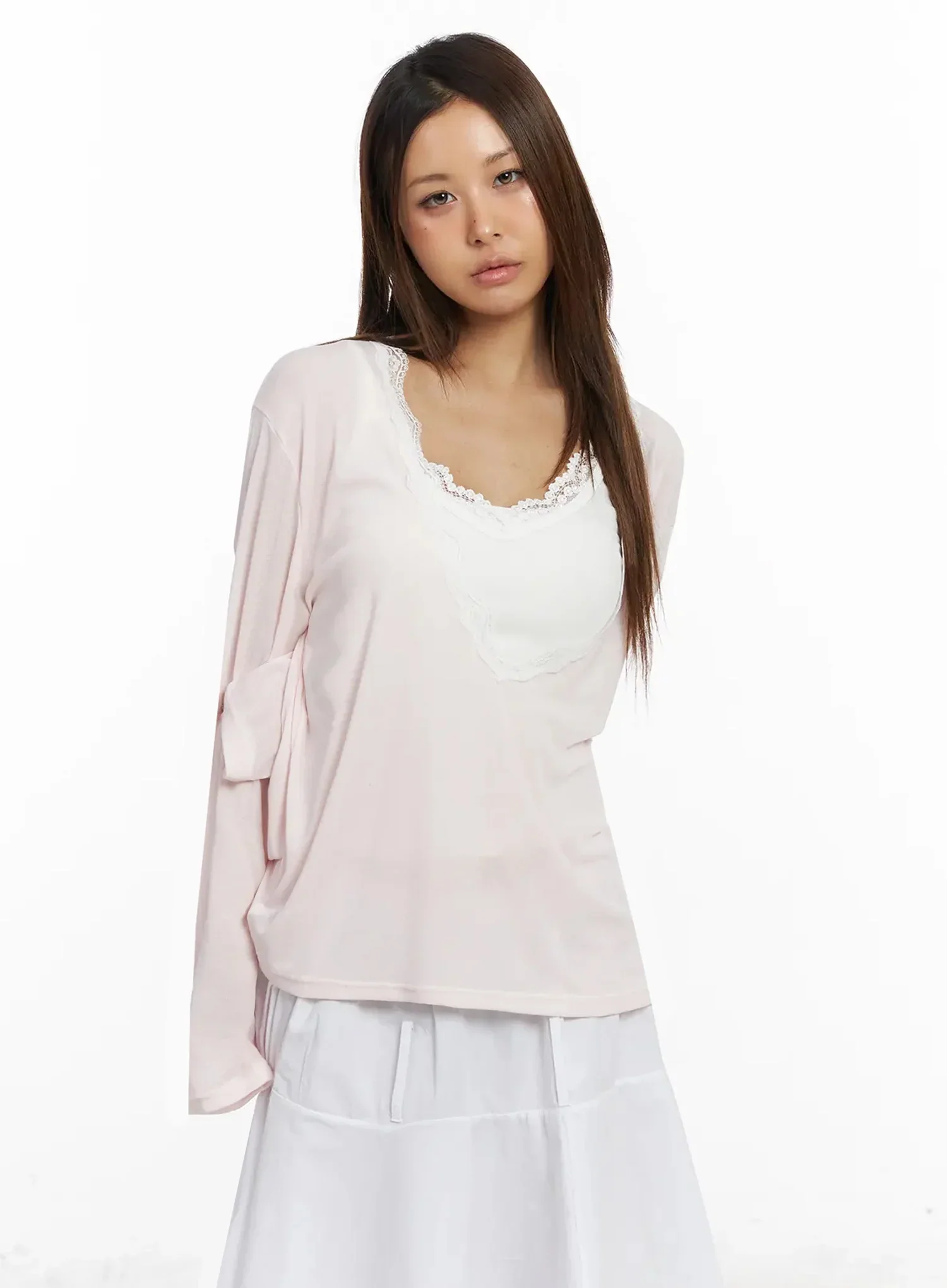Lace Trim V-Neck Relaxed Top IY504 - Image 8