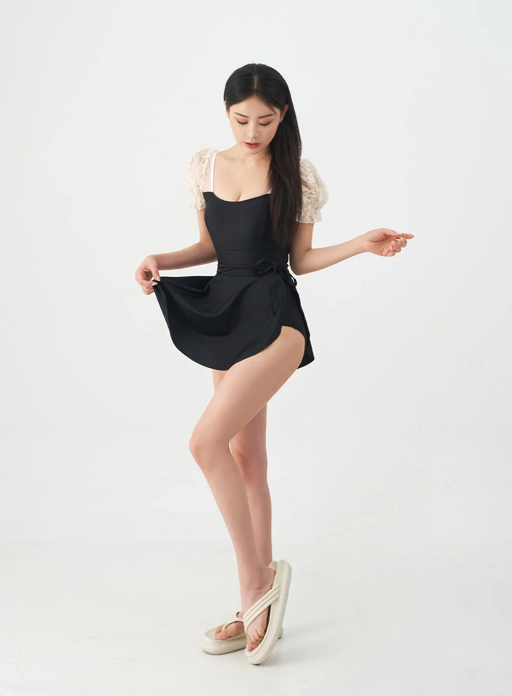Lacy Shoulder Onepiece Swimsuit and Wrap Skirt Set IJ13 - Image 12