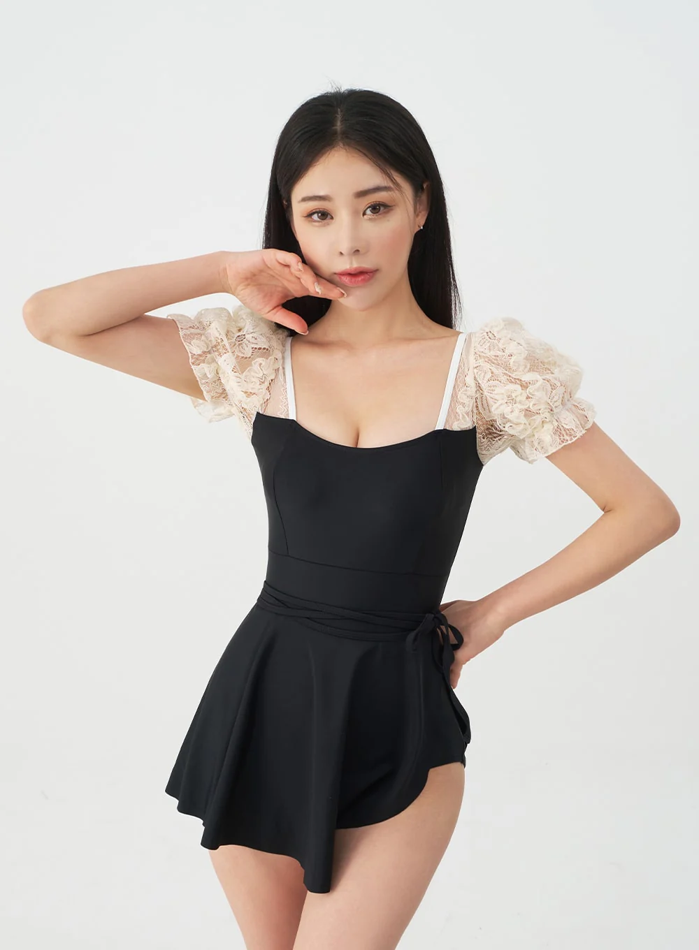 Lacy Shoulder Onepiece Swimsuit and Wrap Skirt Set IJ13 - Image 2